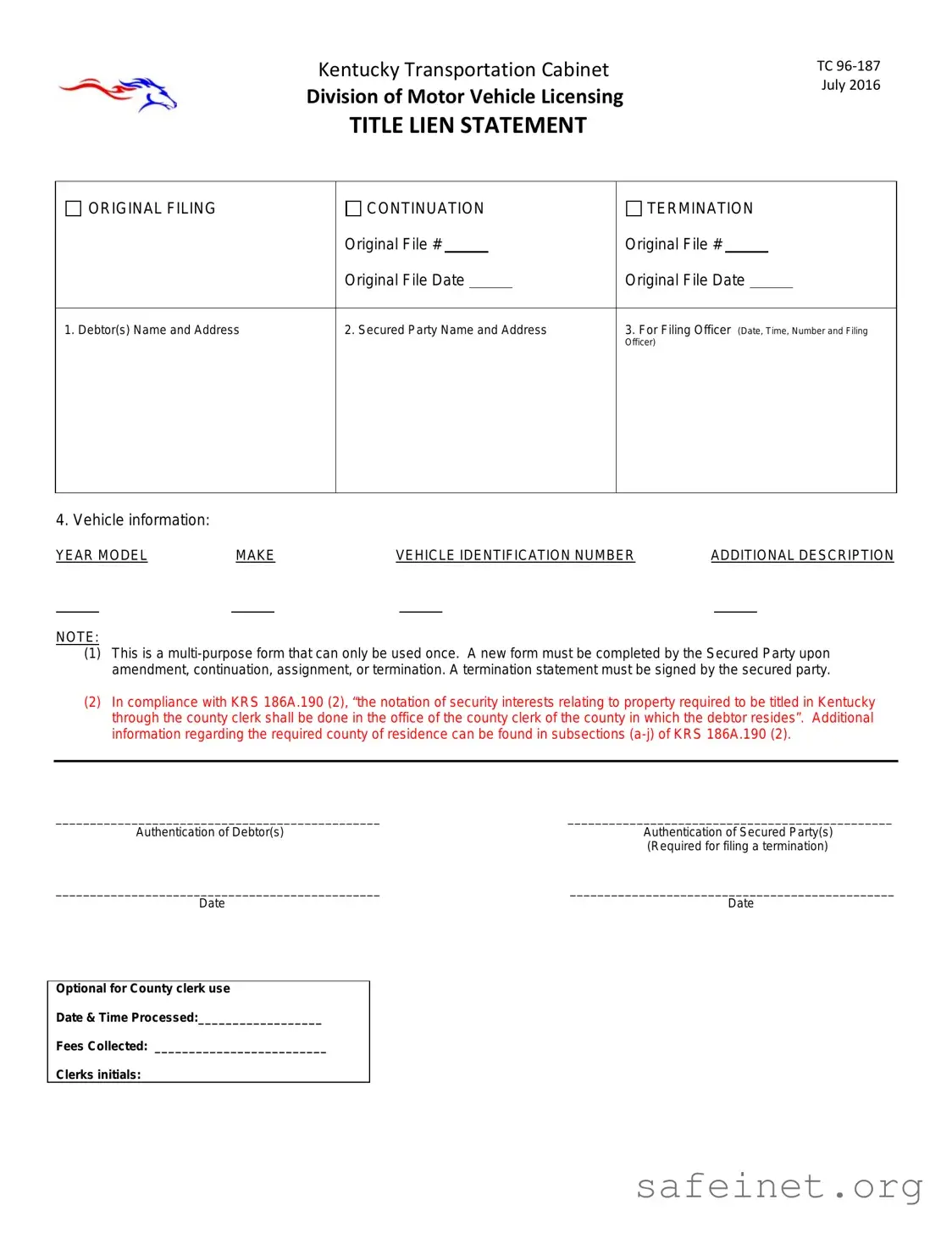 Blank Kentucky Tc 96 187 Template