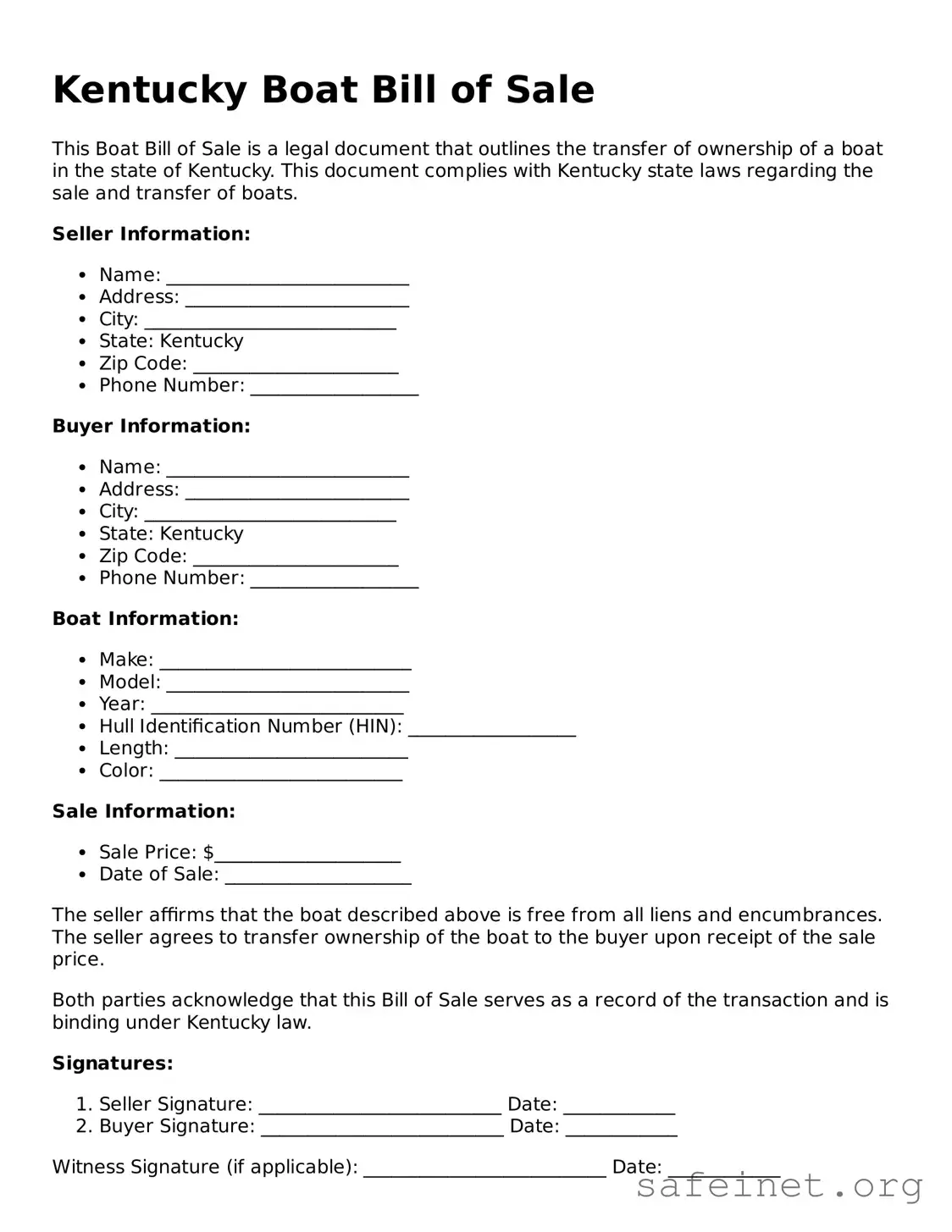 Valid Boat Bill of Sale Template for the State of Kentucky