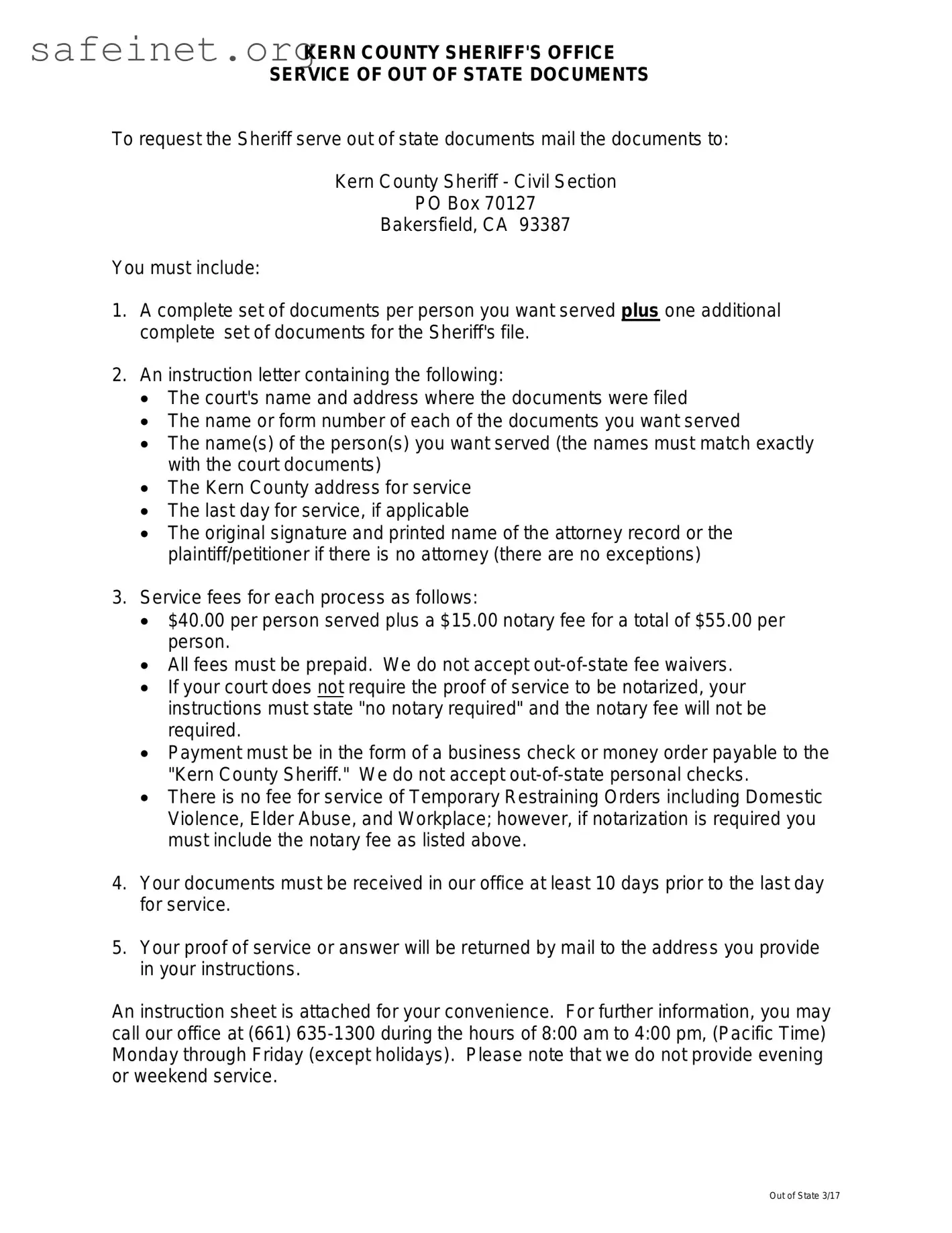 Blank Kern County Sheriff Restraining order form Template