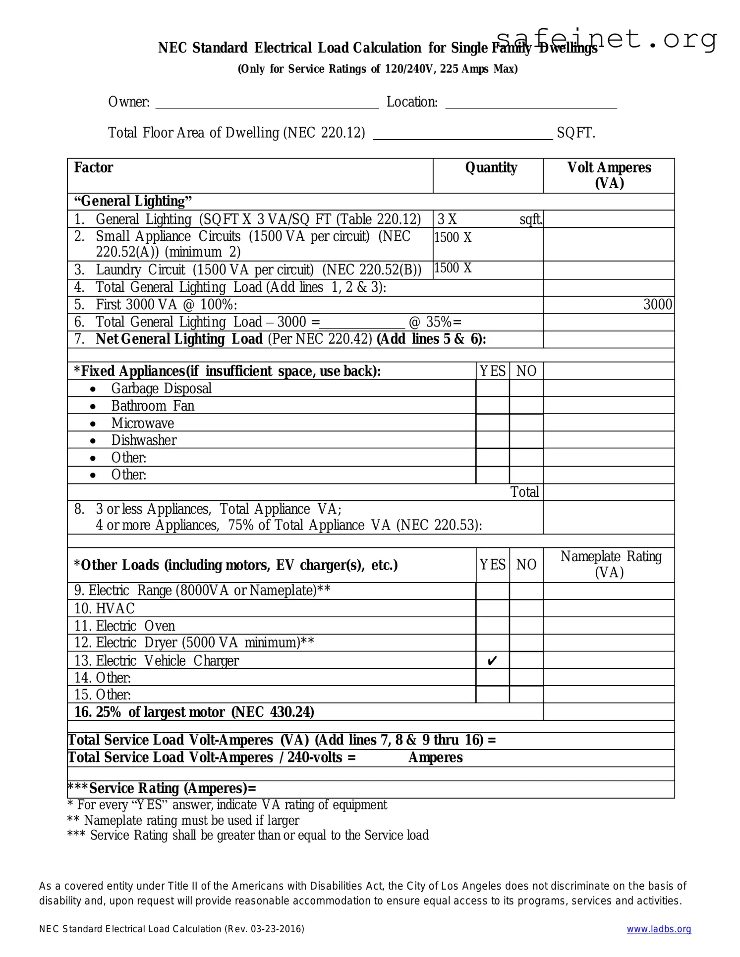 Blank LADBS NEC Standard Electrical Load Calculation Template