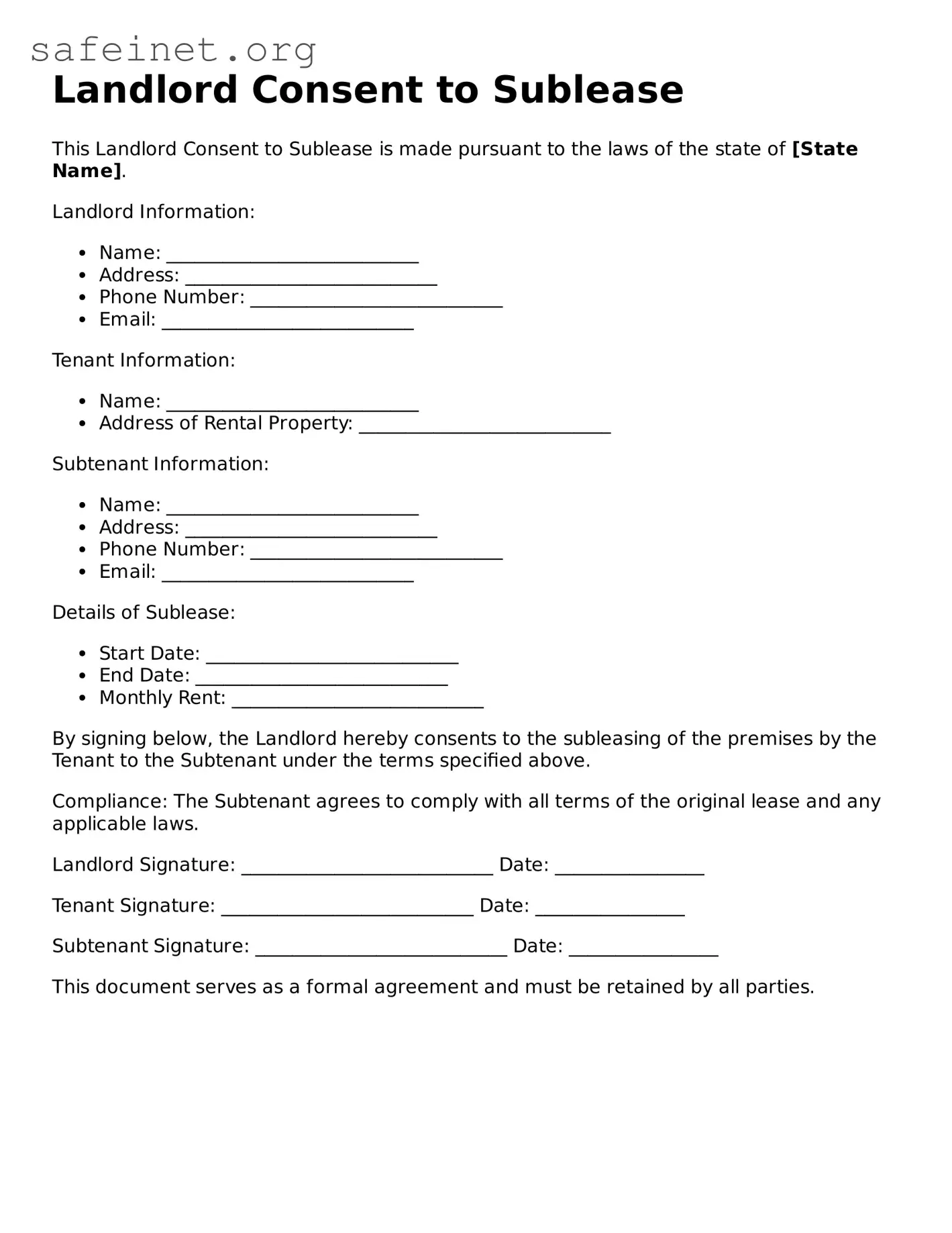 Official Landlord Consent to Sublease Document