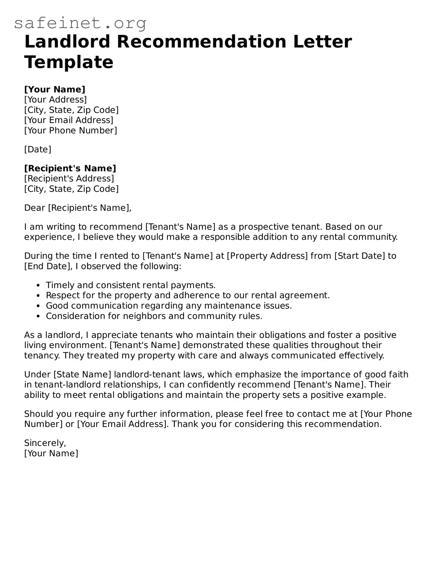 Official Landlord Recommendation Letter Document