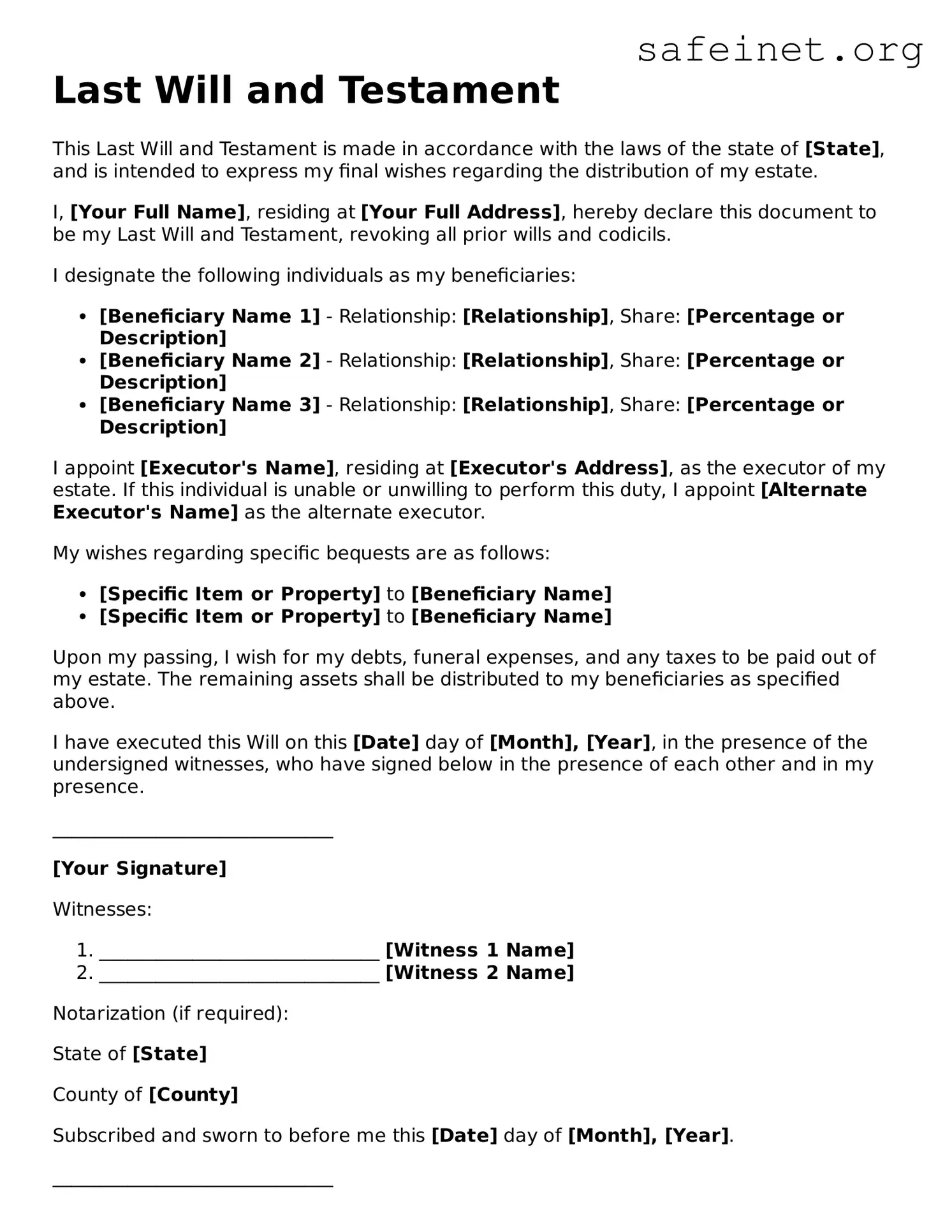 Official Last Will and Testament Document