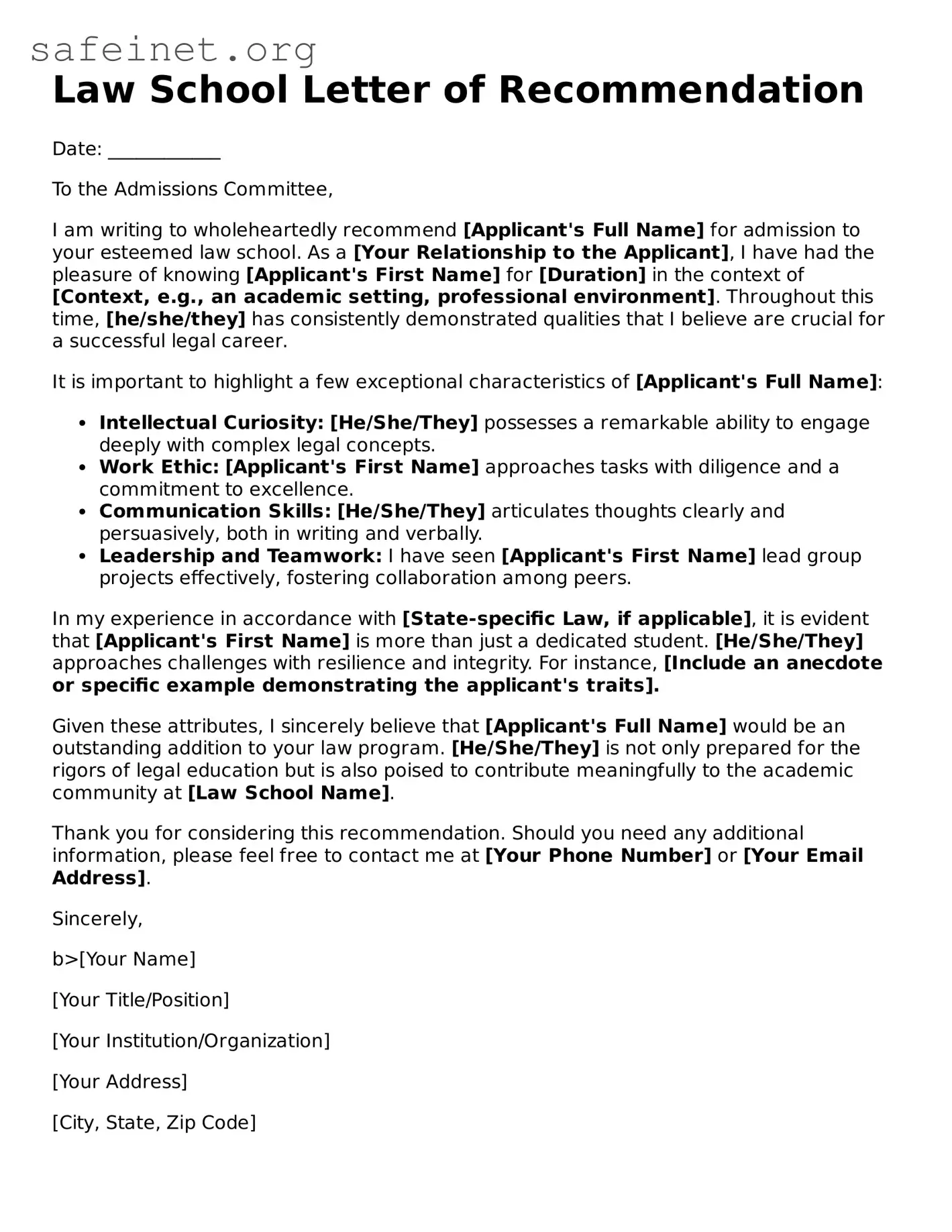 Official Law School Letter of Recommendation Document