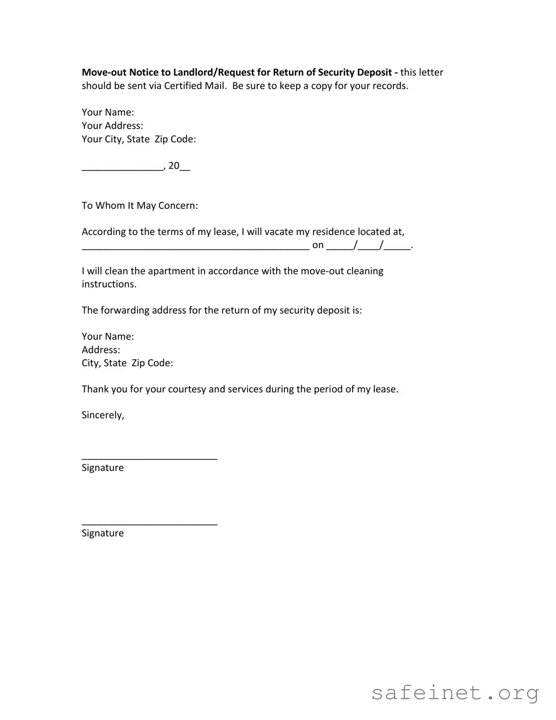 Blank Move Out Notice Letter Template