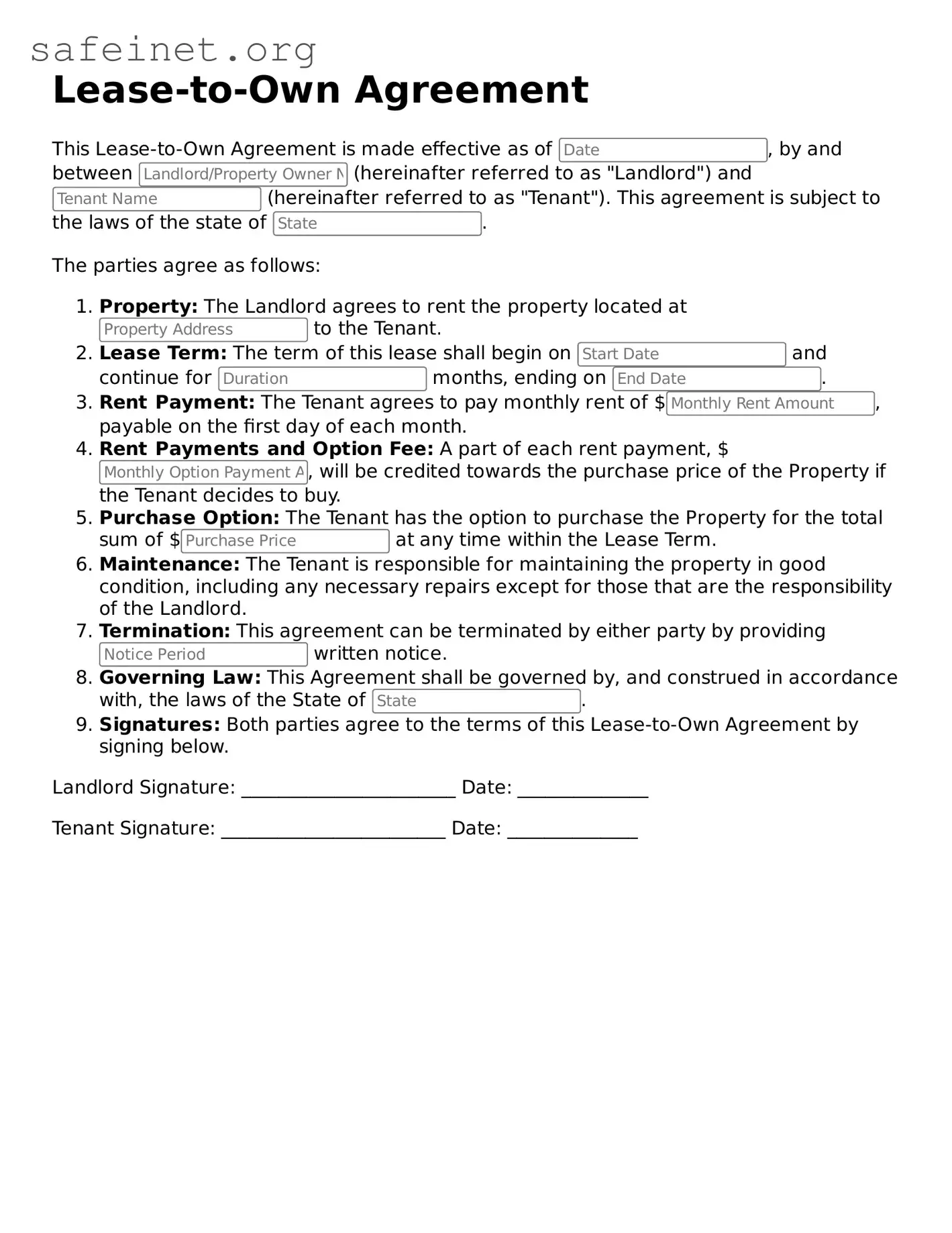 Official Lease-to-Own Agreement Document