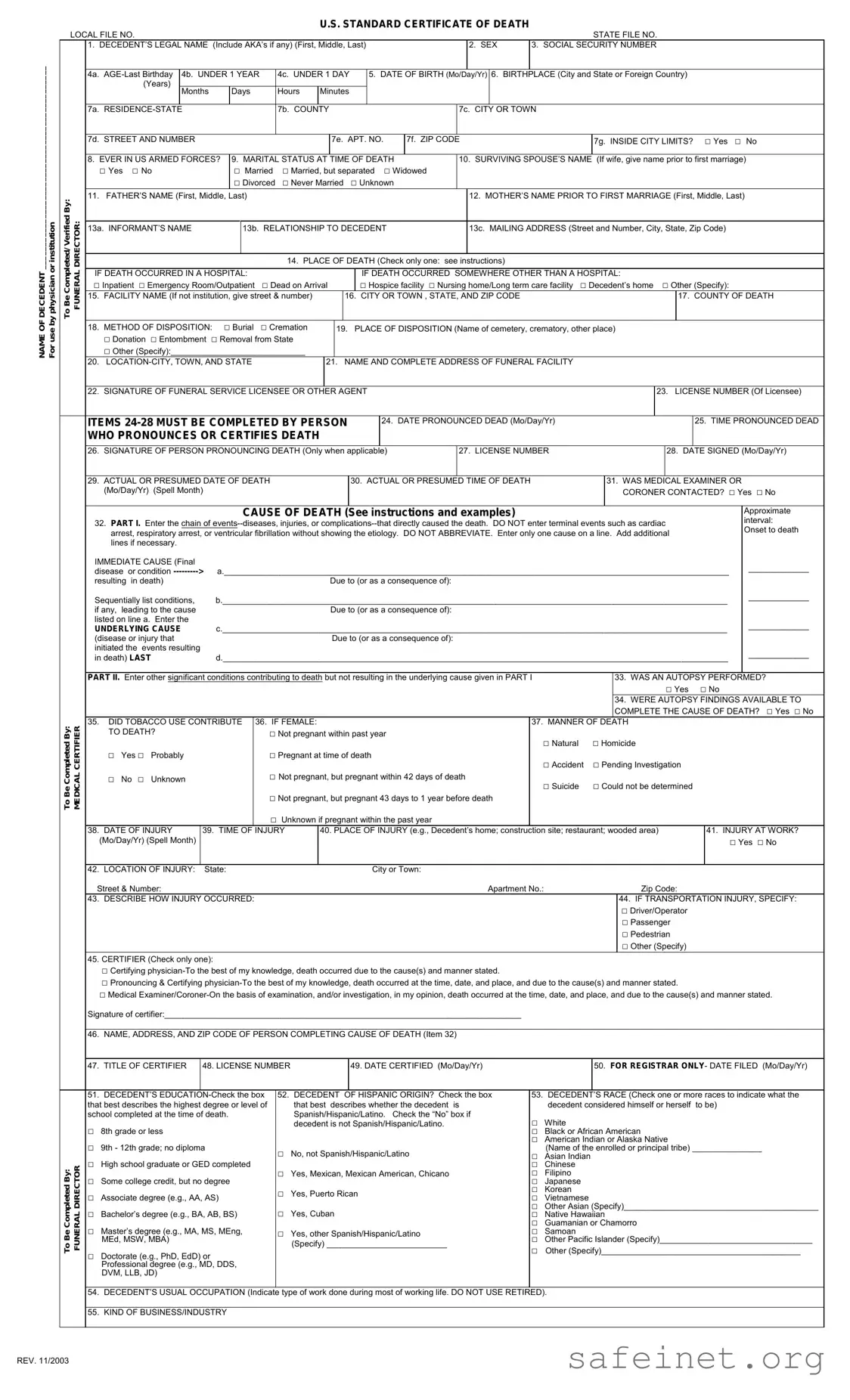 Blank CDC U.S. Standard Certificate of Death Template