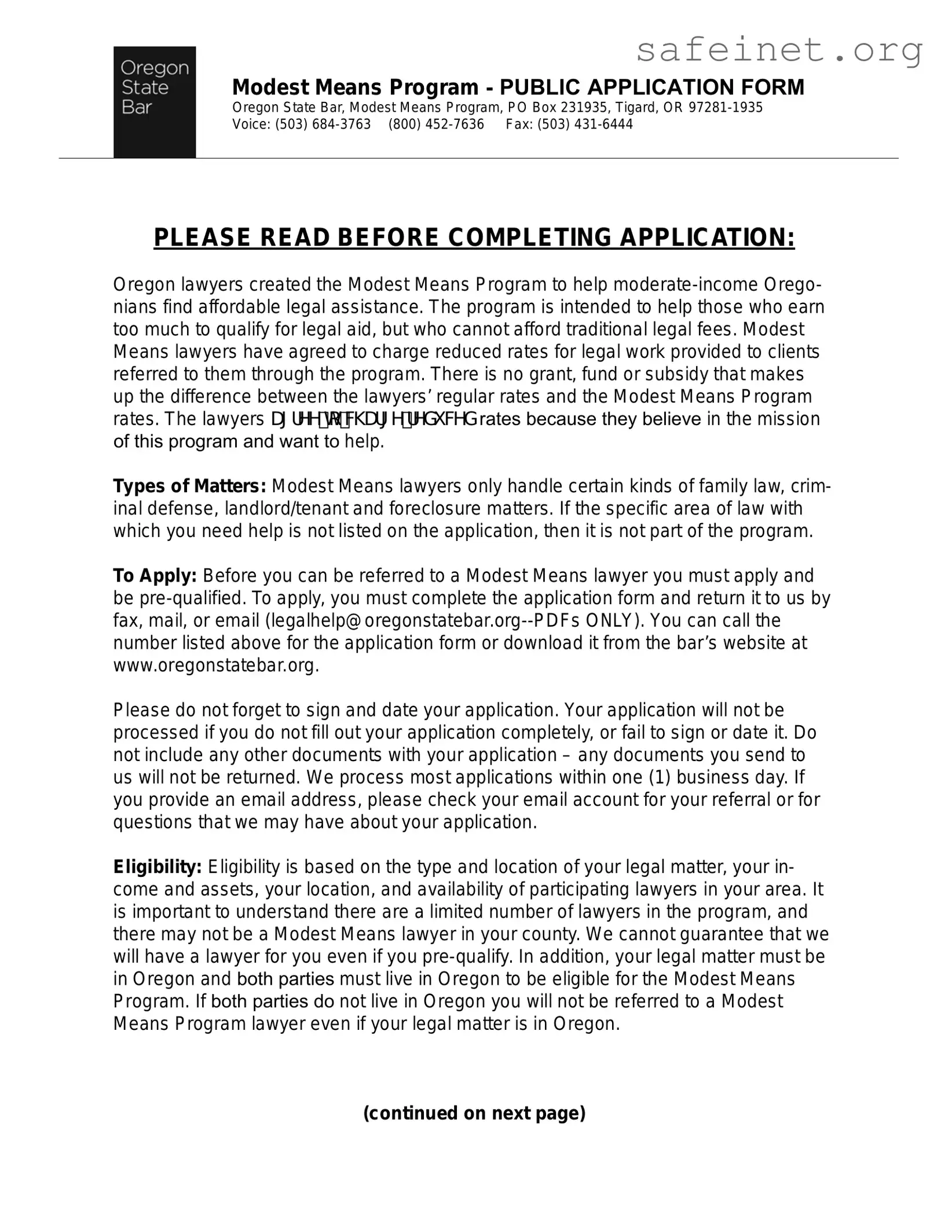 Blank Oregon Modest Means Program Template