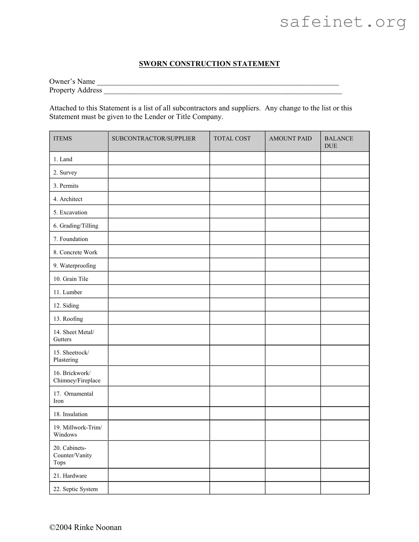Blank Sworn Construction Statement Template