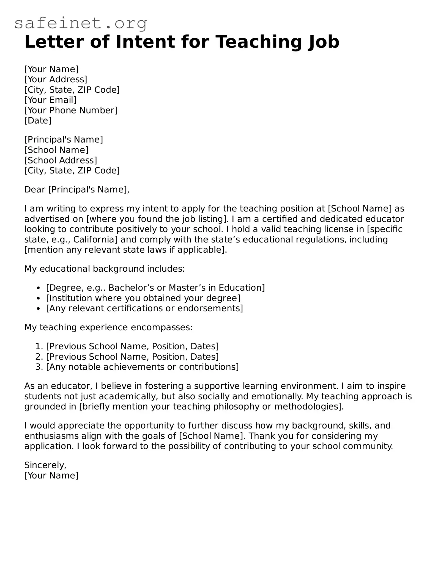 Official Letter of Intent for a Teaching Job Document