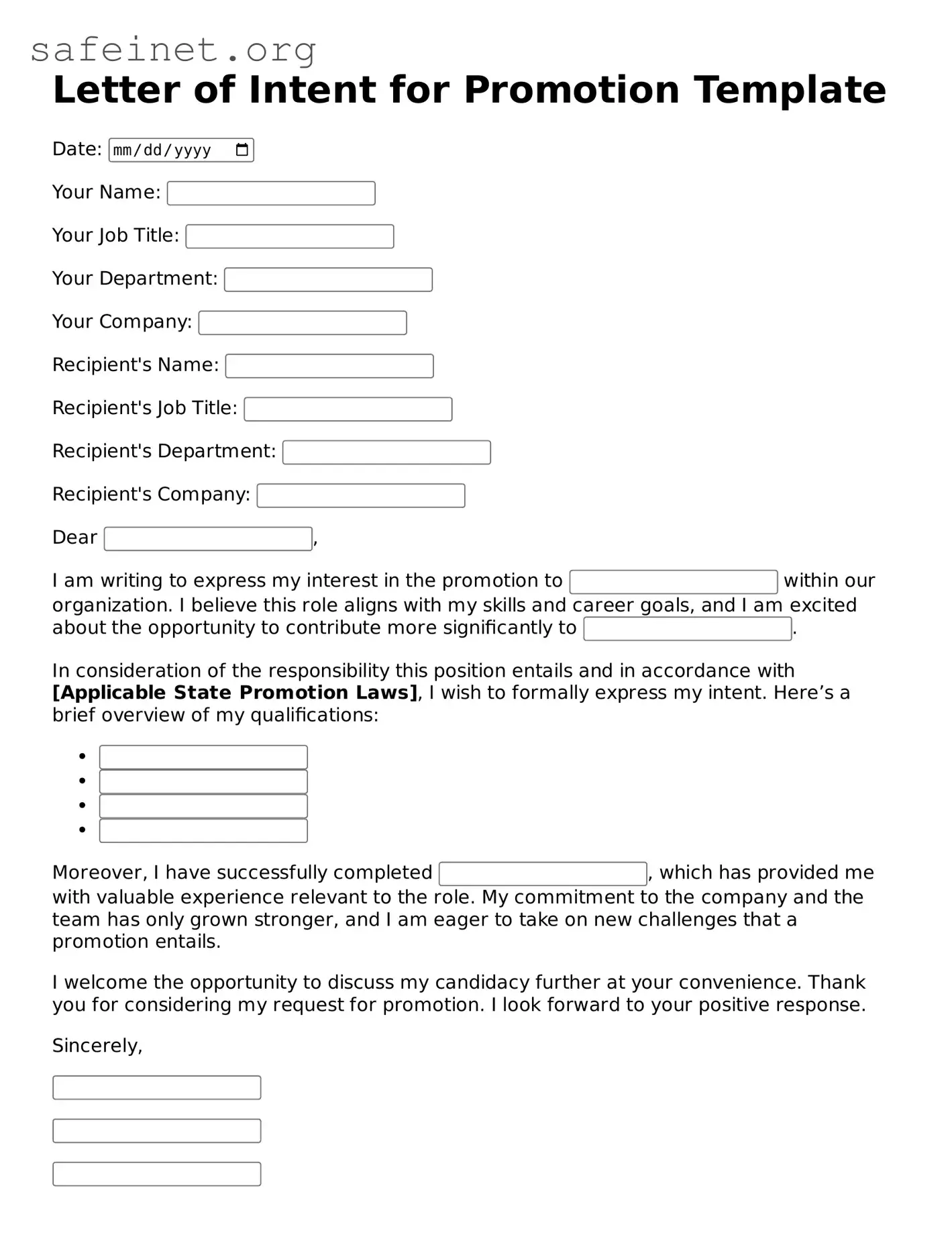 Official Letter of Intent for Promotion Document