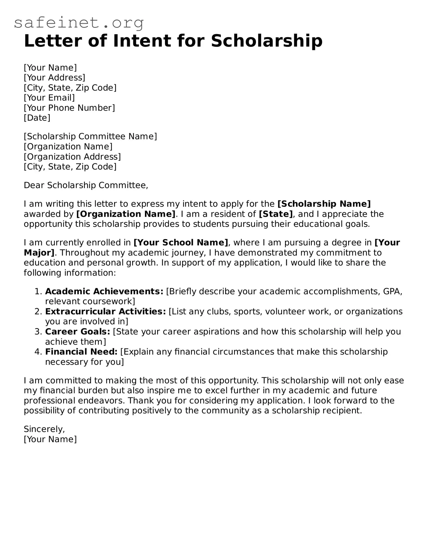 Official Letter of Intent For Scholarship Document