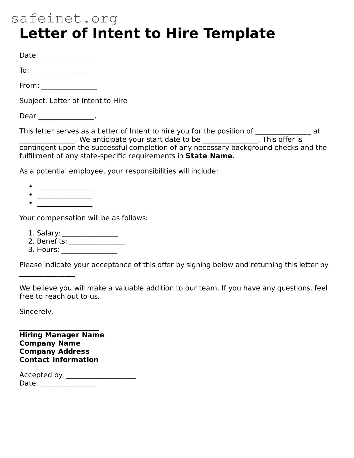 Official Letter of Intent to Hire Document