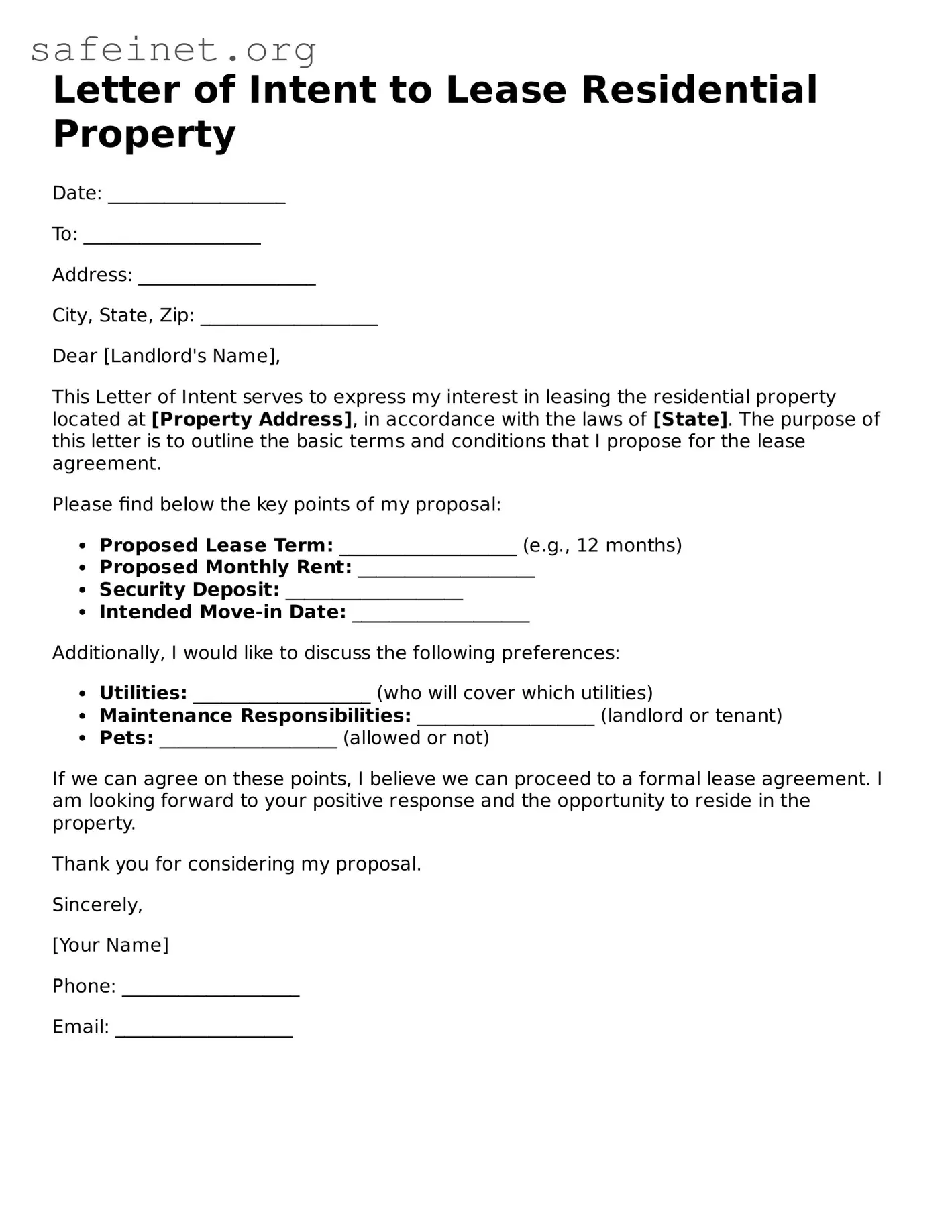 Official Letter of Intent to Lease Residential Property Document