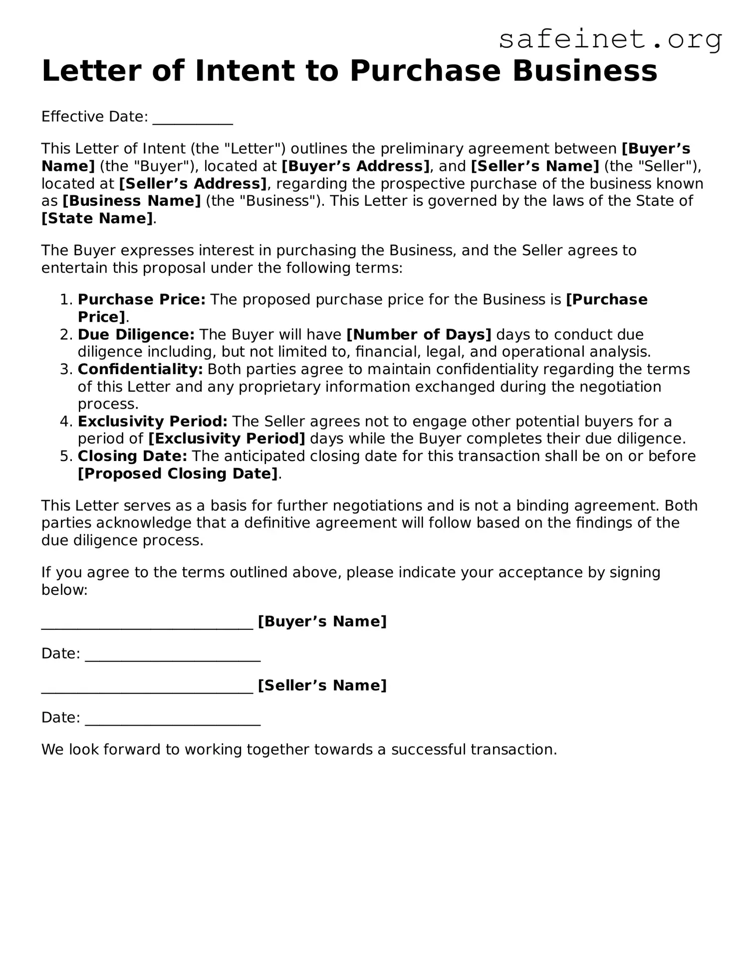 Official Letter of Intent to Purchase Business Document