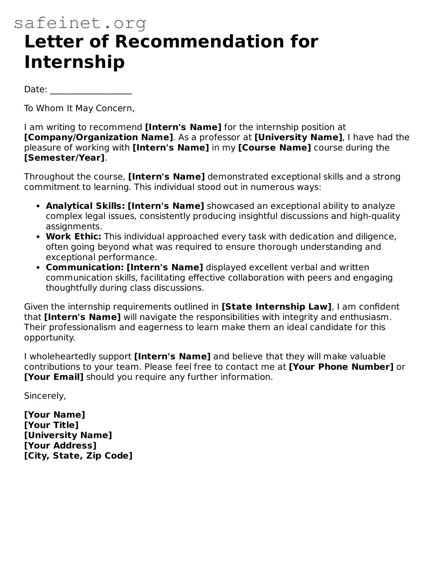 Official Letter of Recommendation for Internship Document