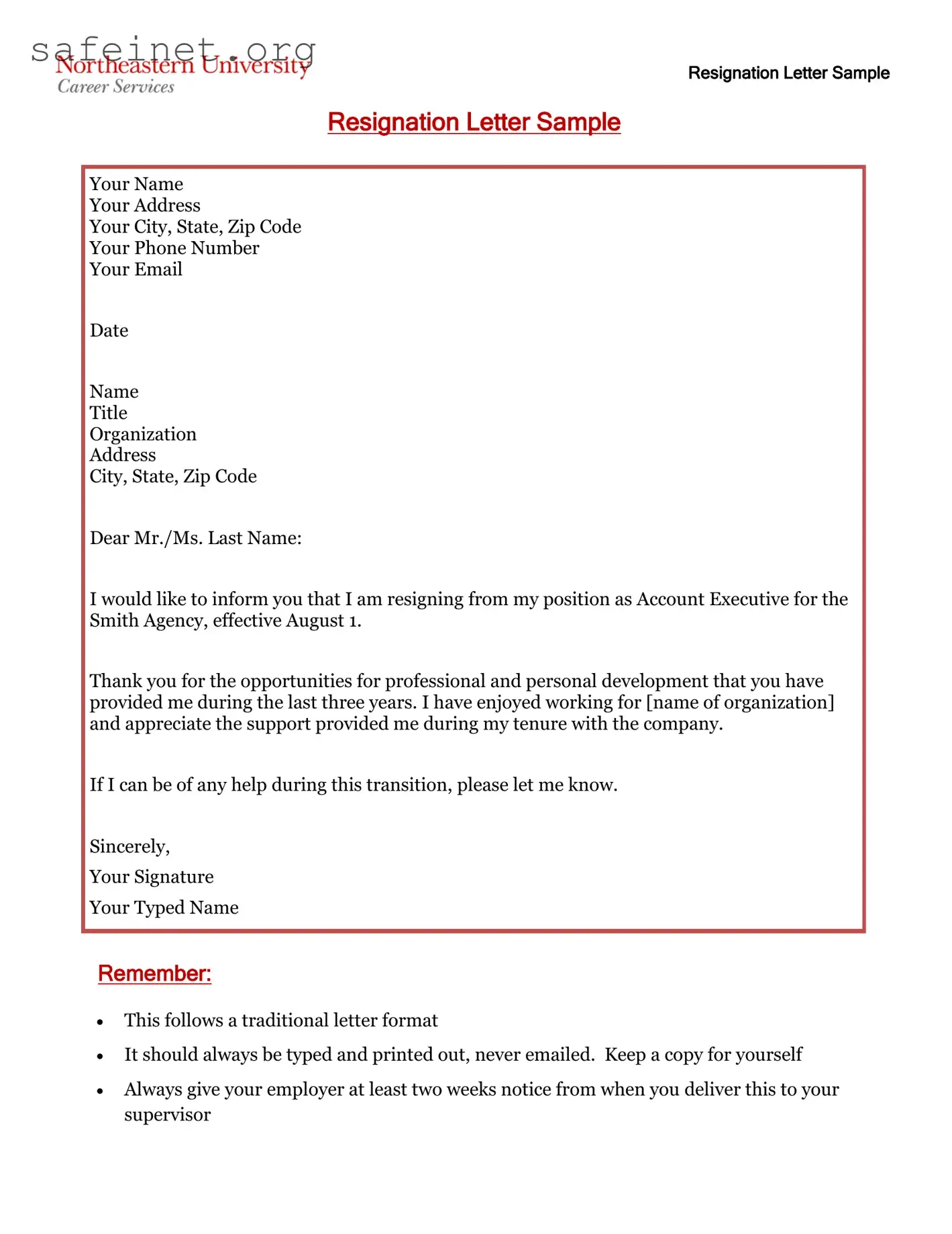Blank Letter Of Resignation Template