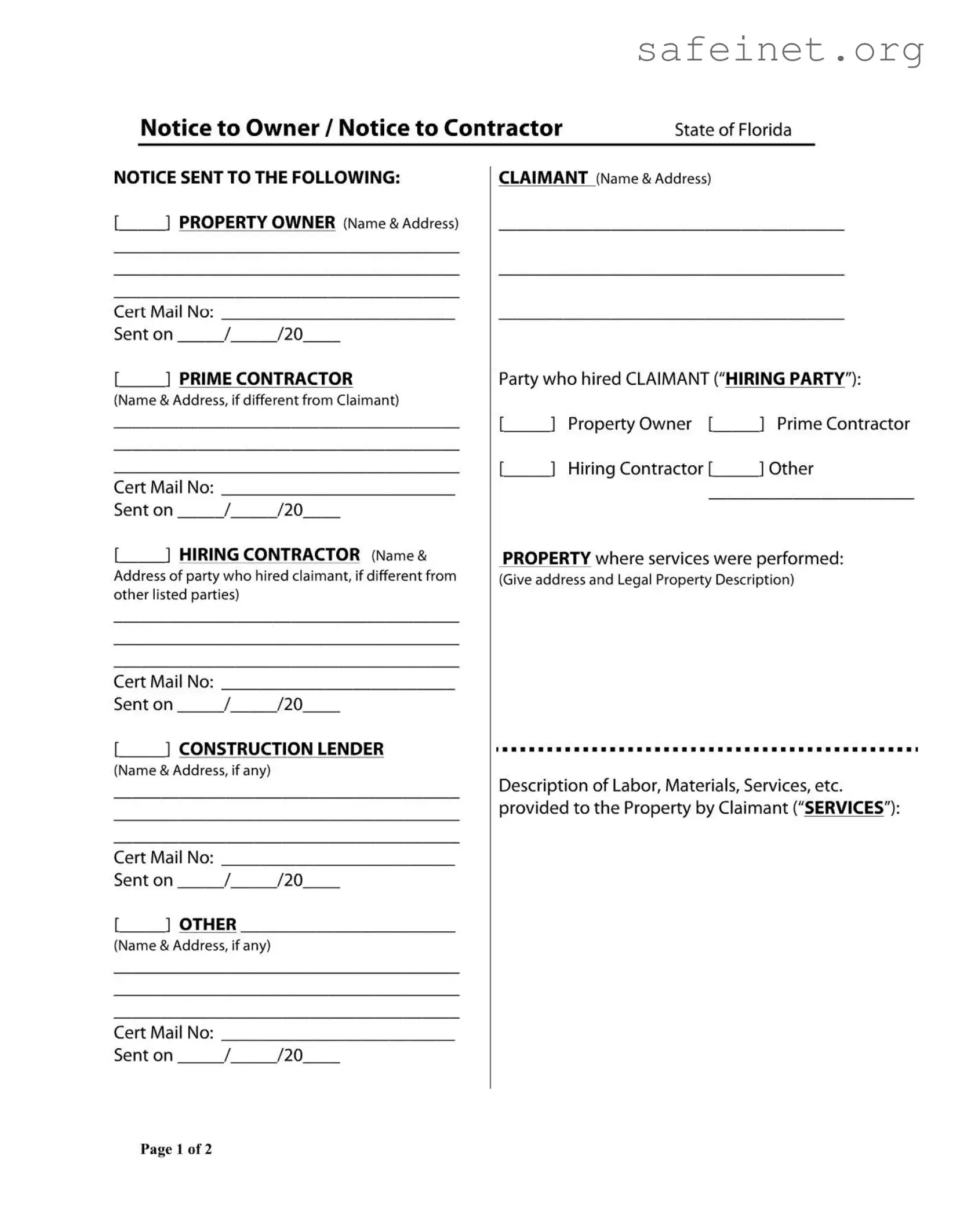 Blank Notice Owner Florida Template