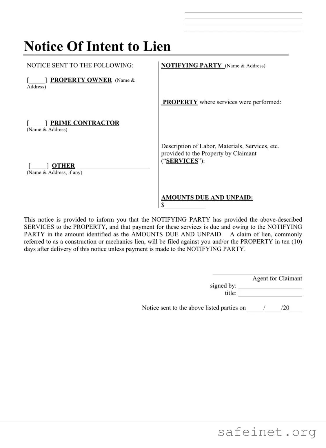 Blank Illinois Notice Lien Template