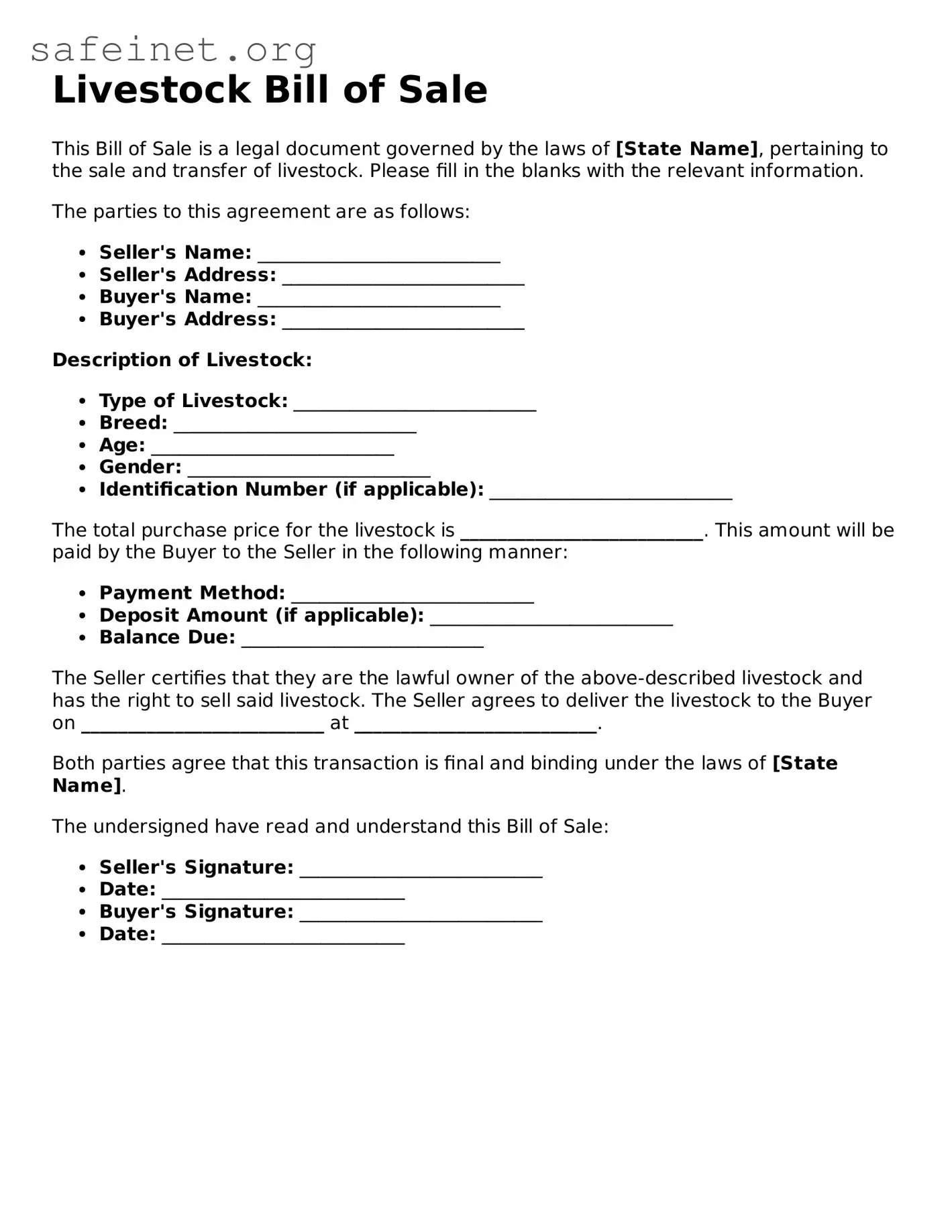 Official Livestock Bill of Sale Document