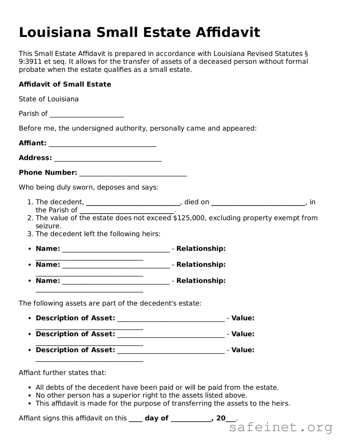 Valid Small Estate Affidavit Template for the State of Louisiana