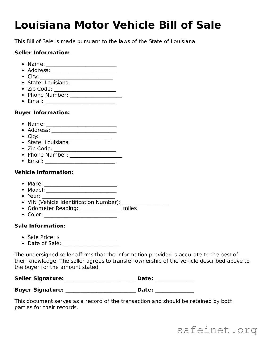 Valid Motor Vehicle Bill of Sale Template for the State of Louisiana