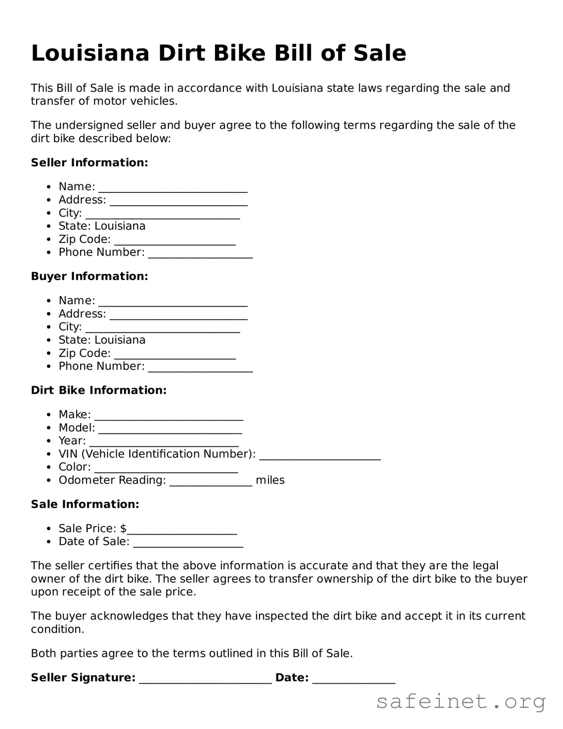 Valid Dirt Bike Bill of Sale Template for the State of Louisiana