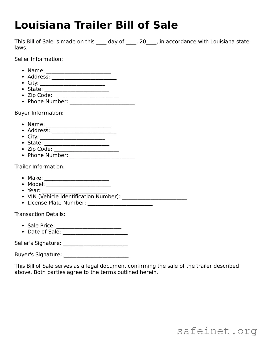 Valid Trailer Bill of Sale Template for the State of Louisiana