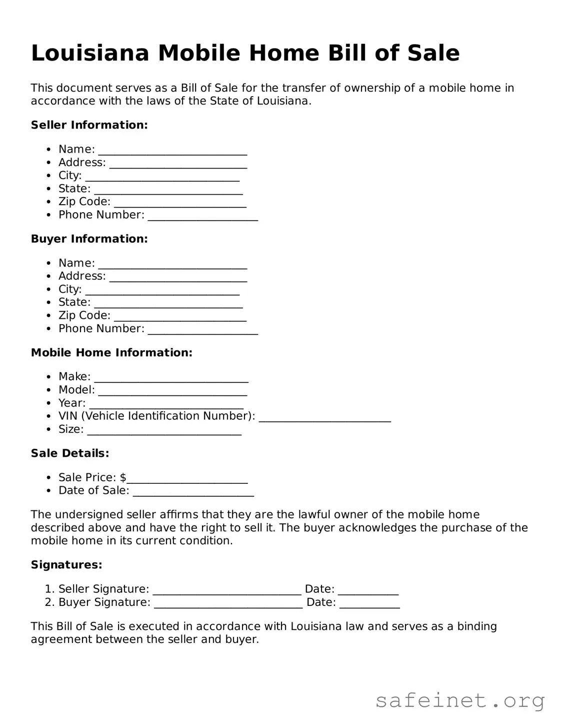 Valid Mobile Home Bill of Sale Template for the State of Louisiana