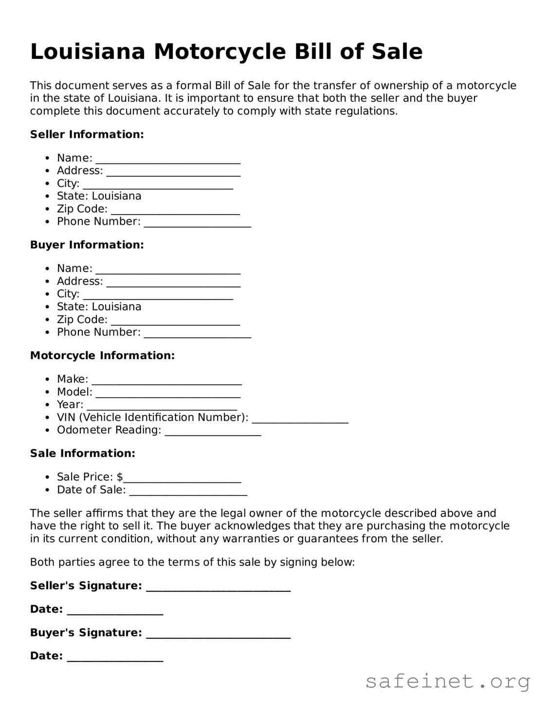 Valid Motorcycle Bill of Sale Template for the State of Louisiana