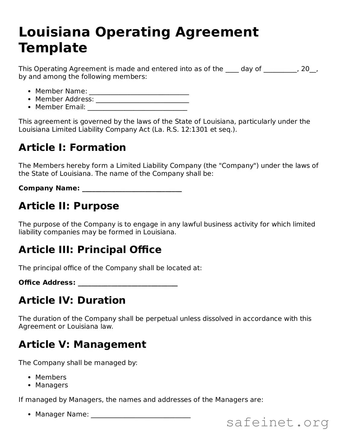 Valid Operating Agreement Template for the State of Louisiana