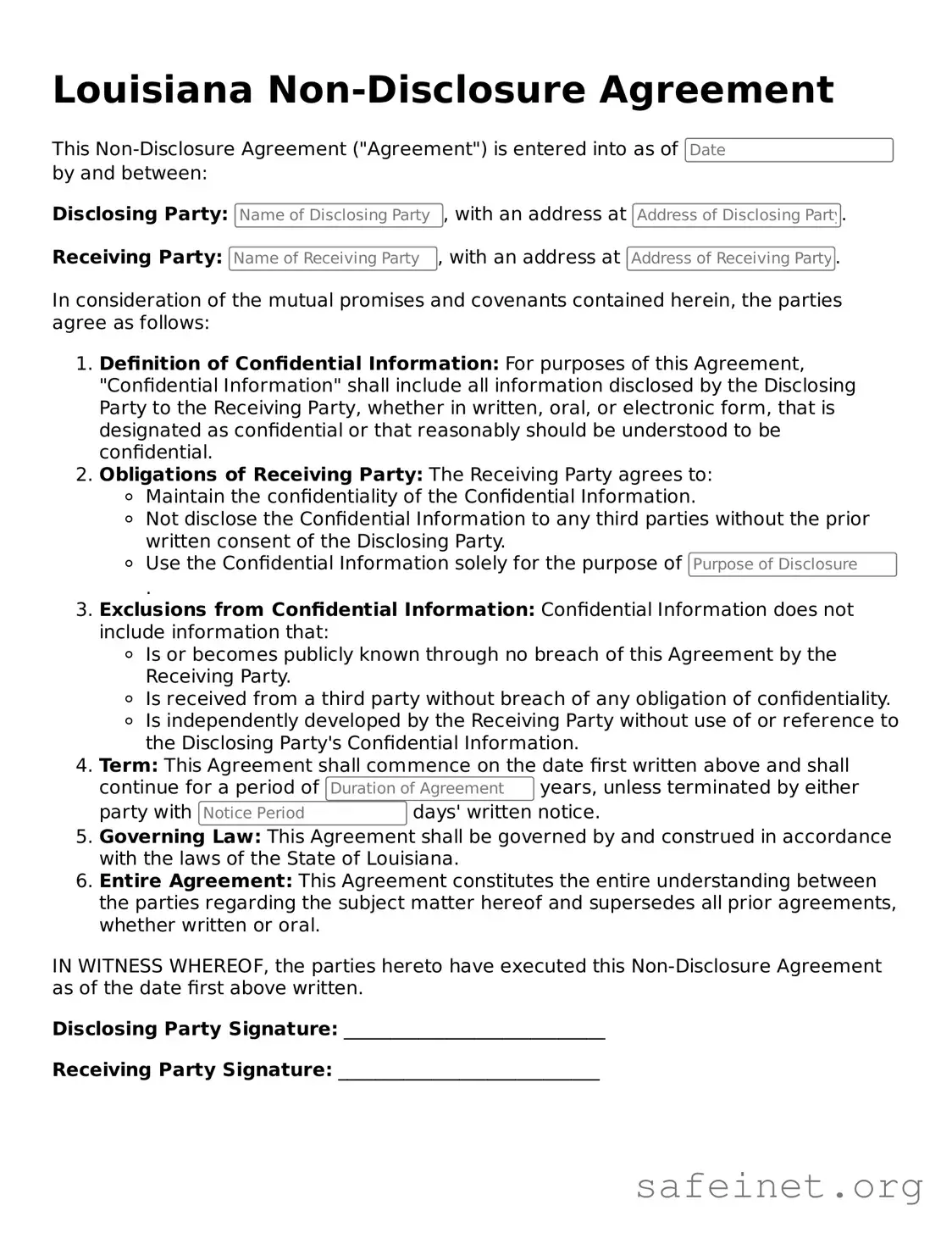 Valid Non-disclosure Agreement Template for the State of Louisiana