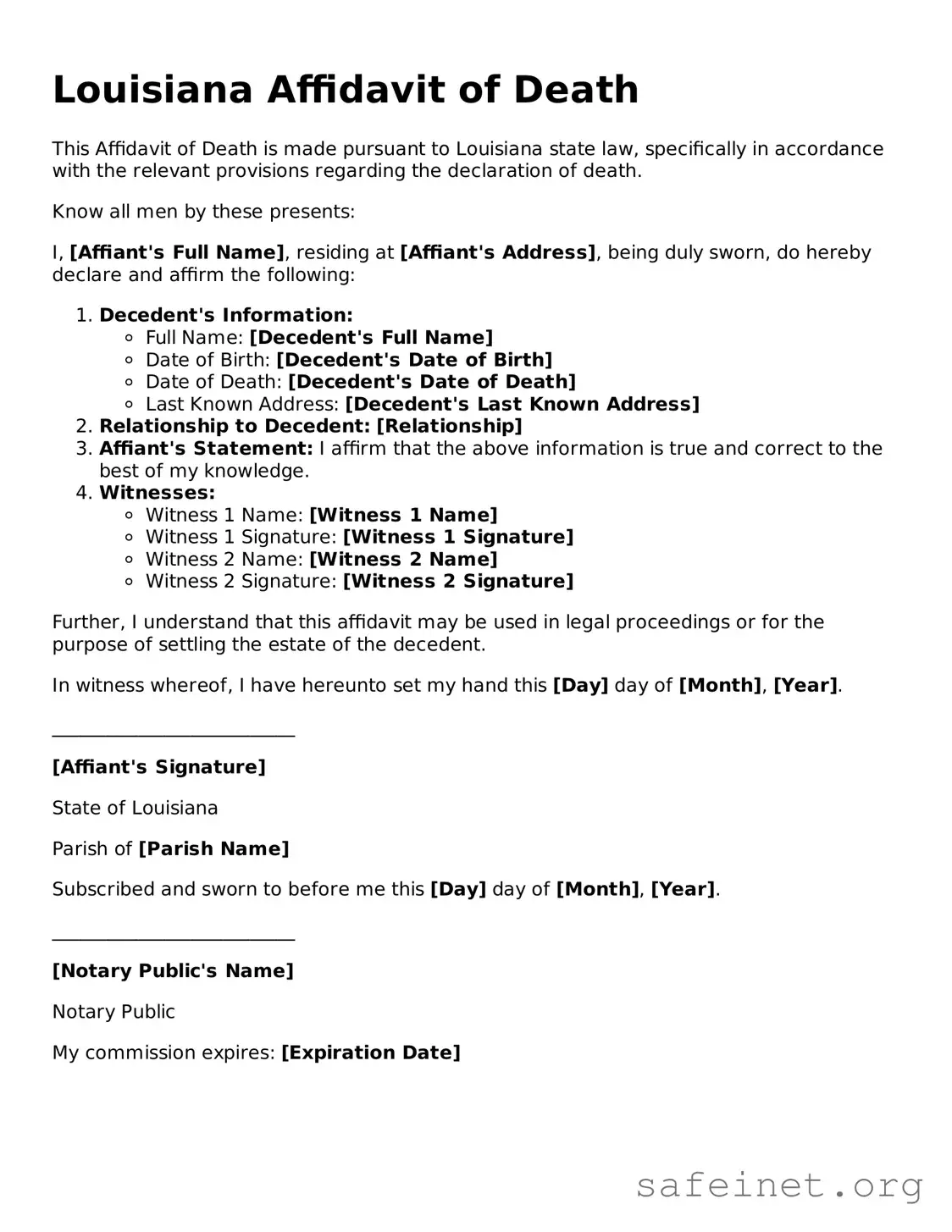 Valid Affidavit of Death Template for the State of Louisiana