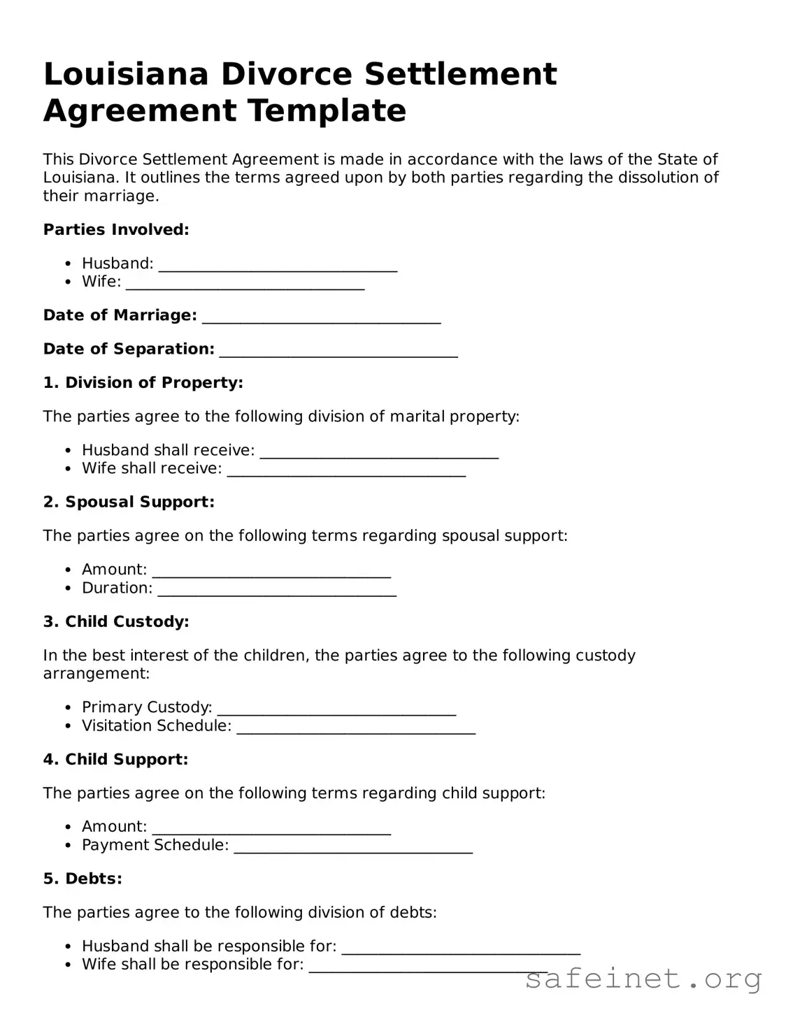 Valid Divorce Settlement Agreement Template for the State of Louisiana