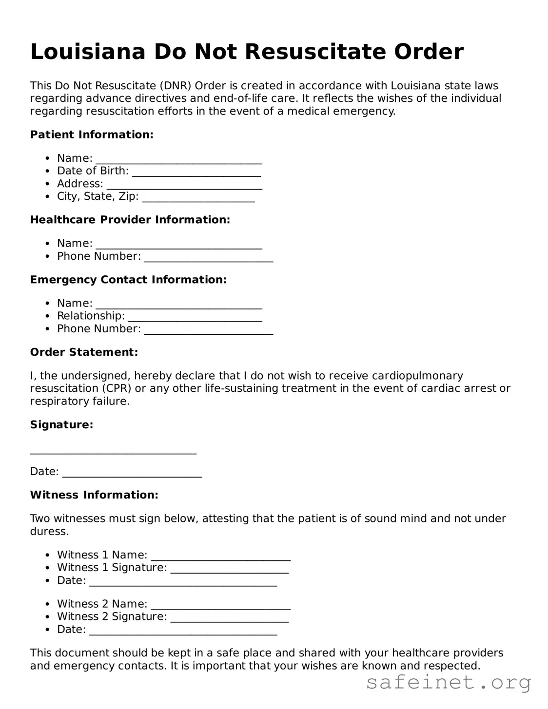 Valid Do Not Resuscitate Order Template for the State of Louisiana