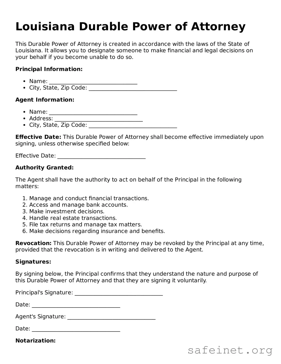 Valid Durable Power of Attorney Template for the State of Louisiana