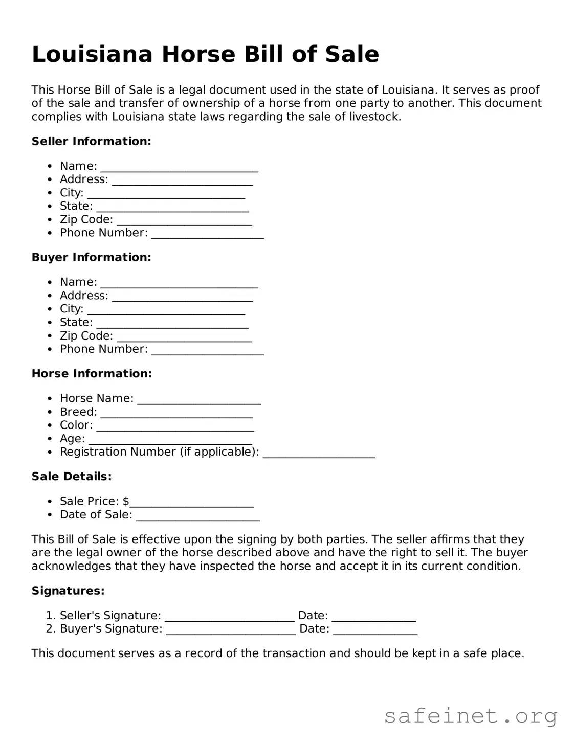 Valid Horse Bill of Sale Template for the State of Louisiana