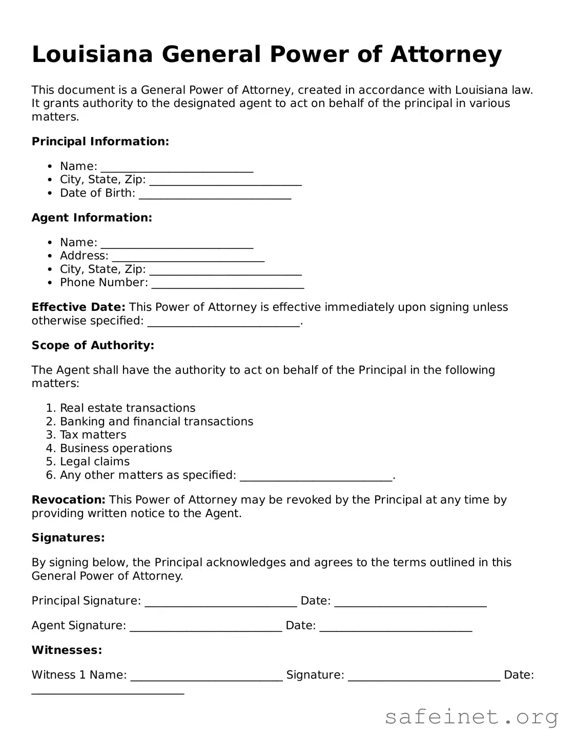 Valid General Power of Attorney Template for the State of Louisiana