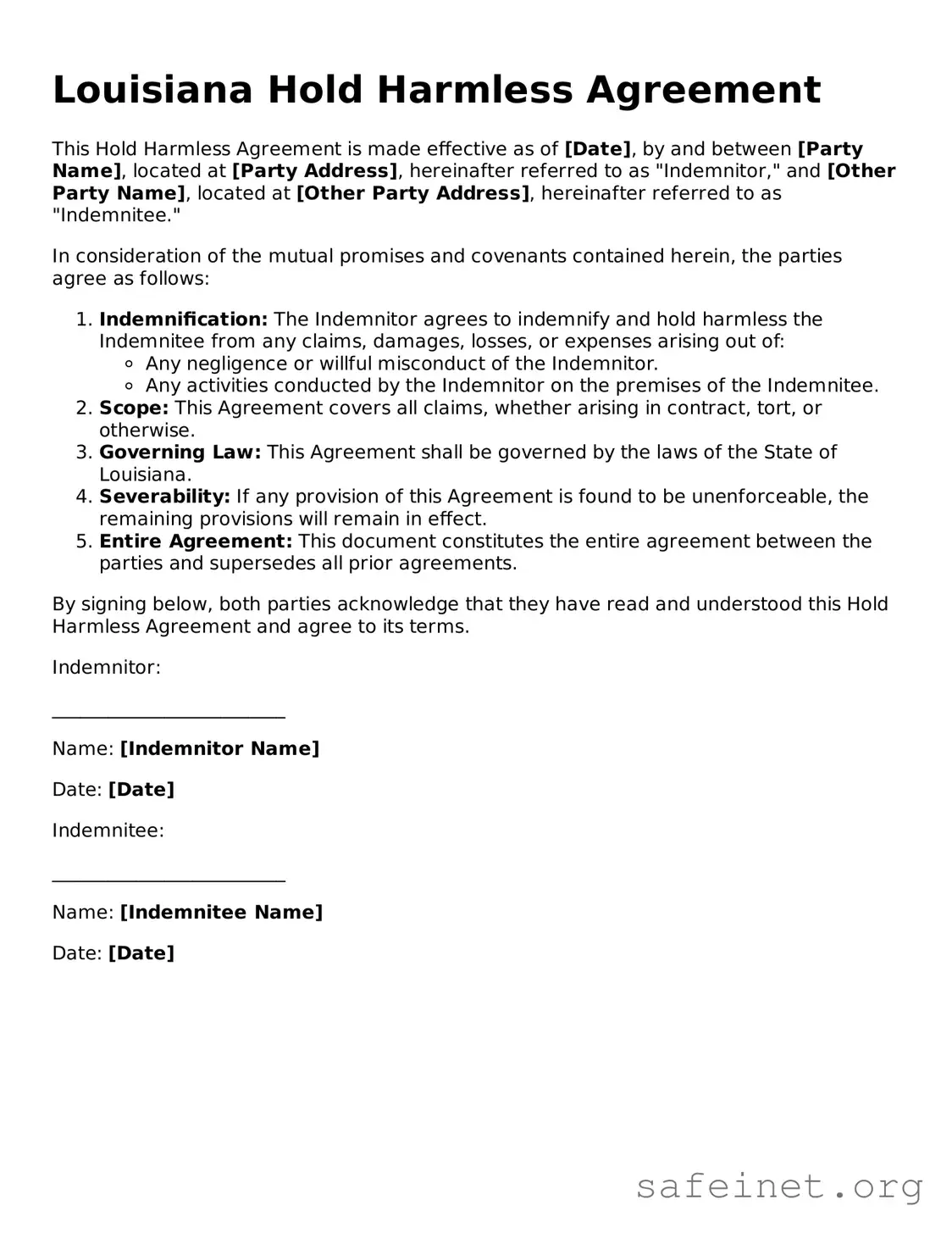 Valid Hold Harmless Agreement Template for the State of Louisiana