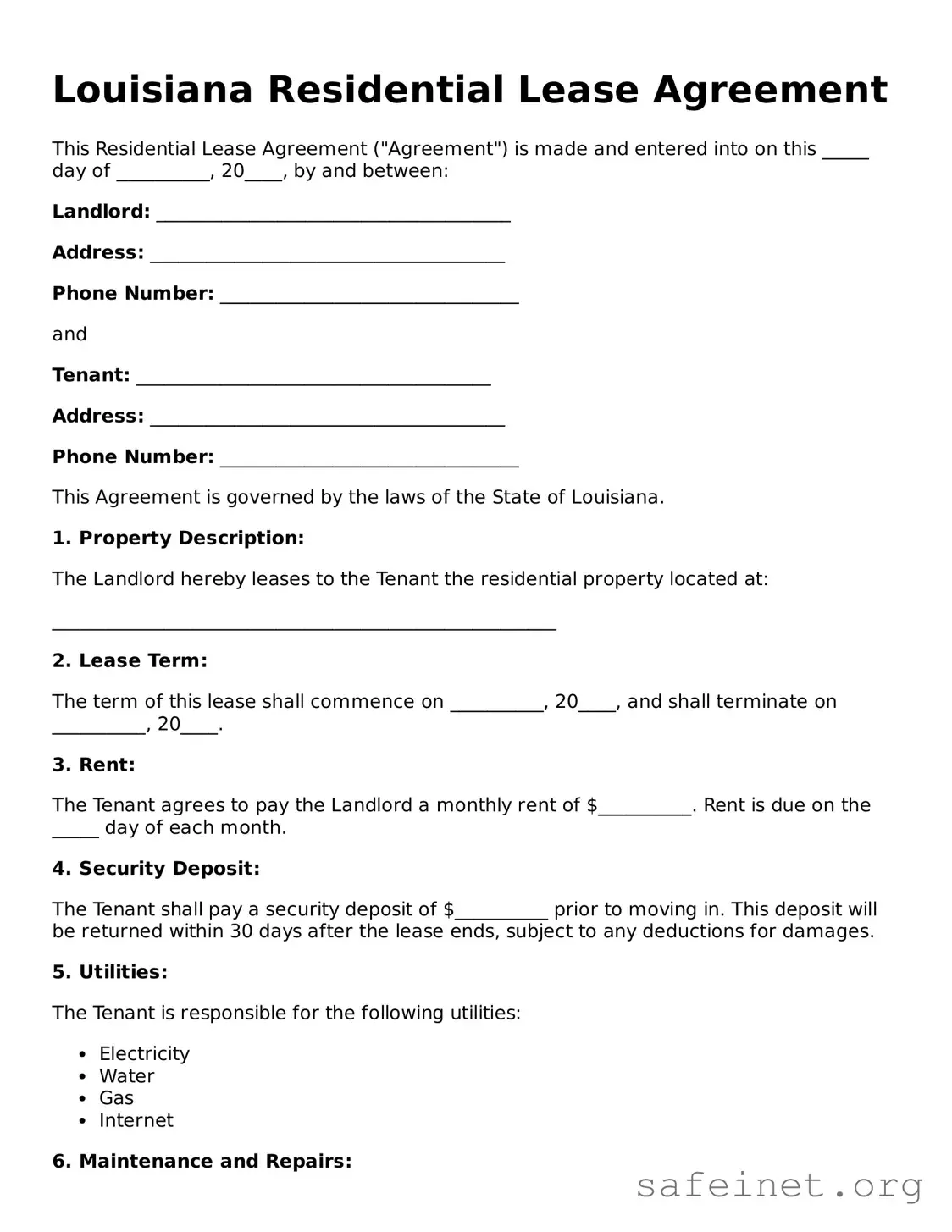 Valid Residential Lease Agreement Template for the State of Louisiana