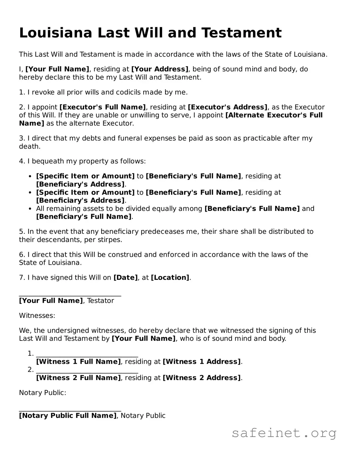 Valid Last Will and Testament Template for the State of Louisiana