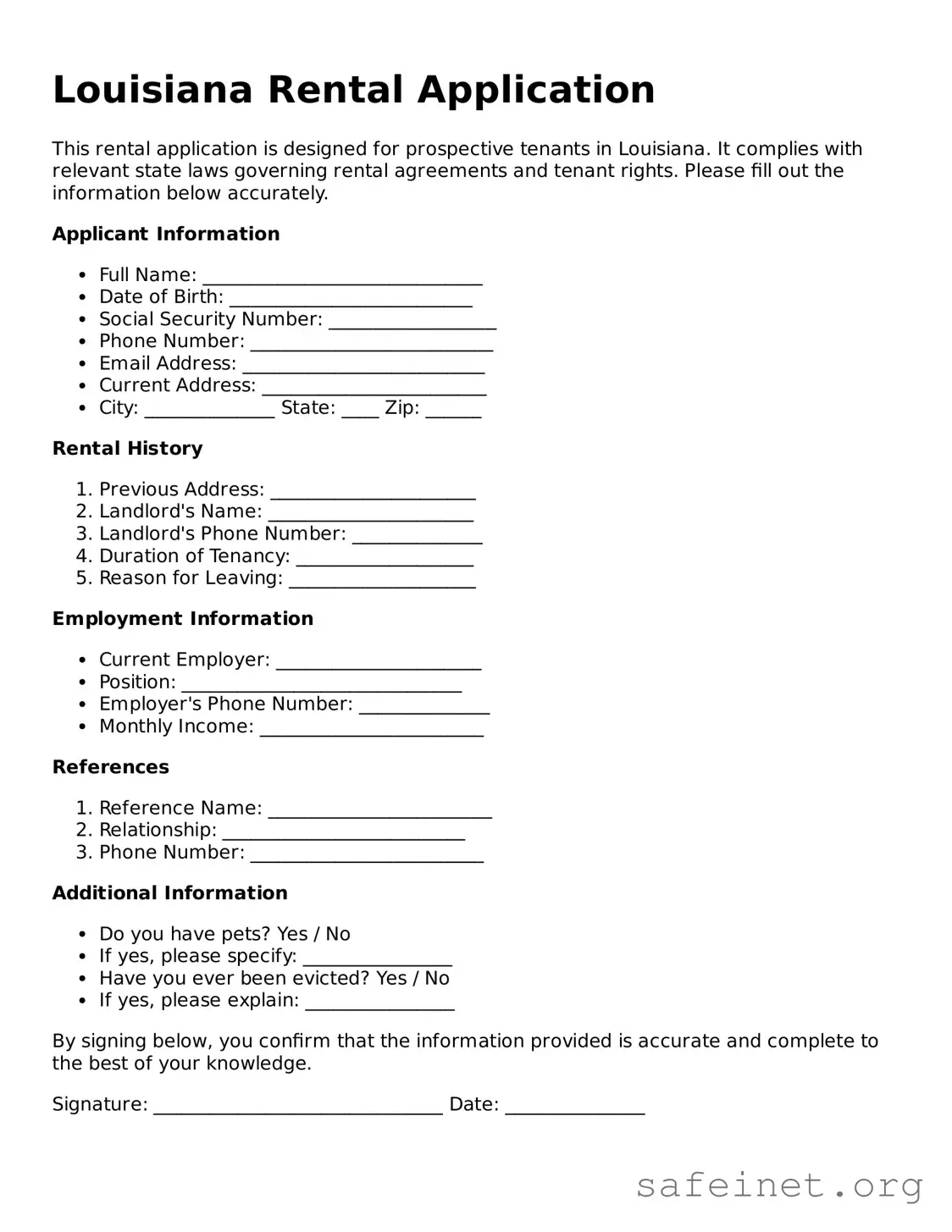 Valid Rental Application Template for the State of Louisiana