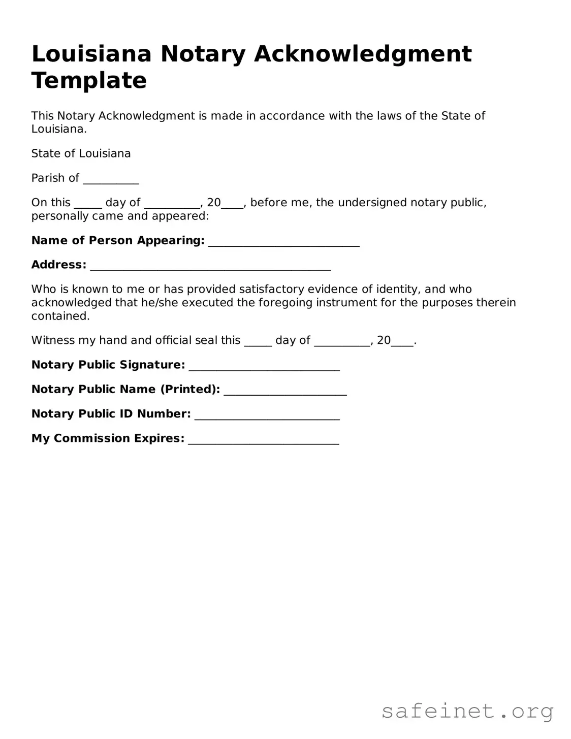 Valid Notary Acknowledgement Template for the State of Louisiana
