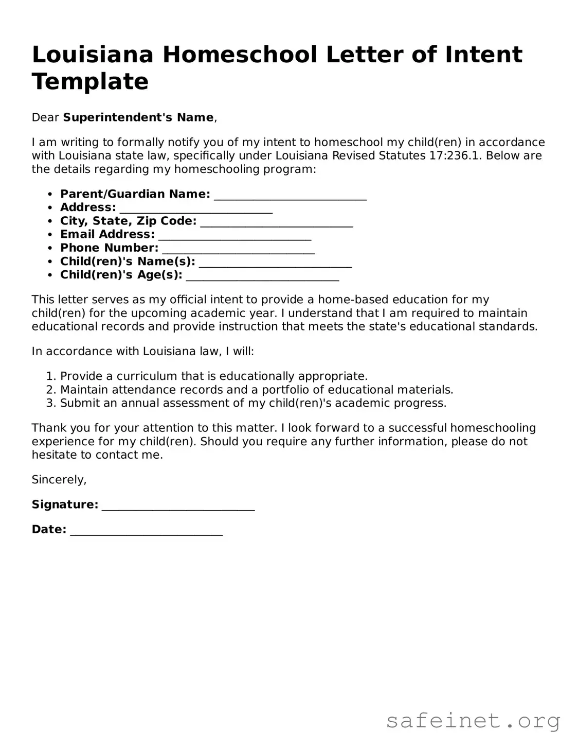 Valid Homeschool Letter of Intent Template for the State of Louisiana