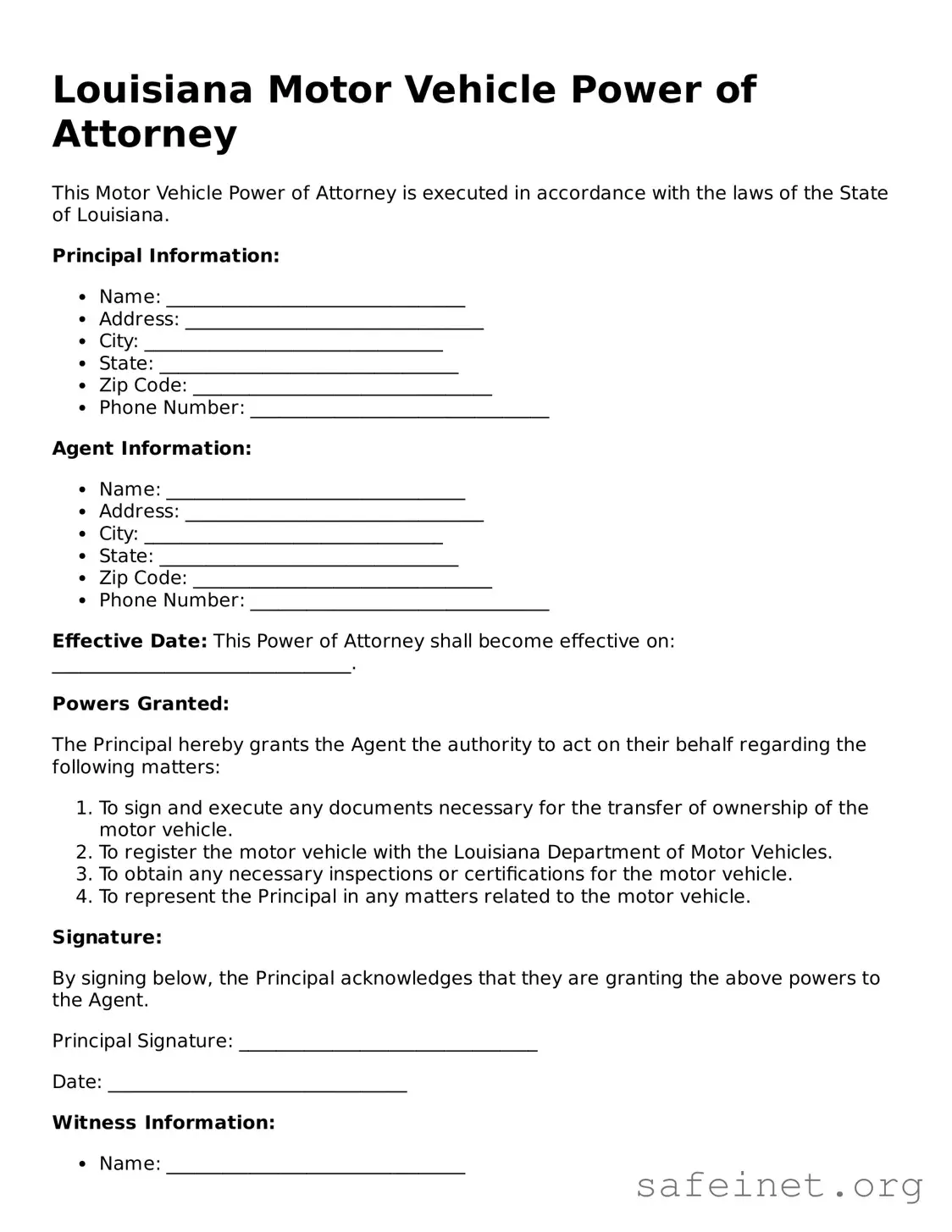 Valid Motor Vehicle Power of Attorney Template for the State of Louisiana