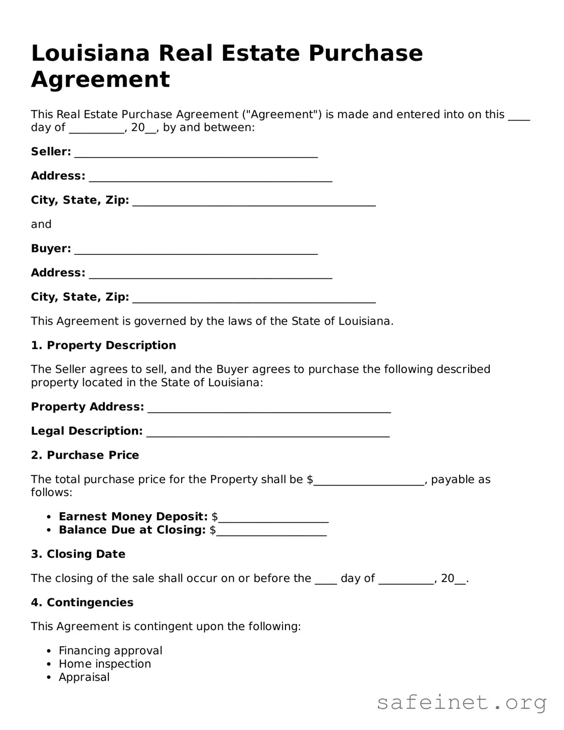 Valid Real Estate Purchase Agreement Template for the State of Louisiana
