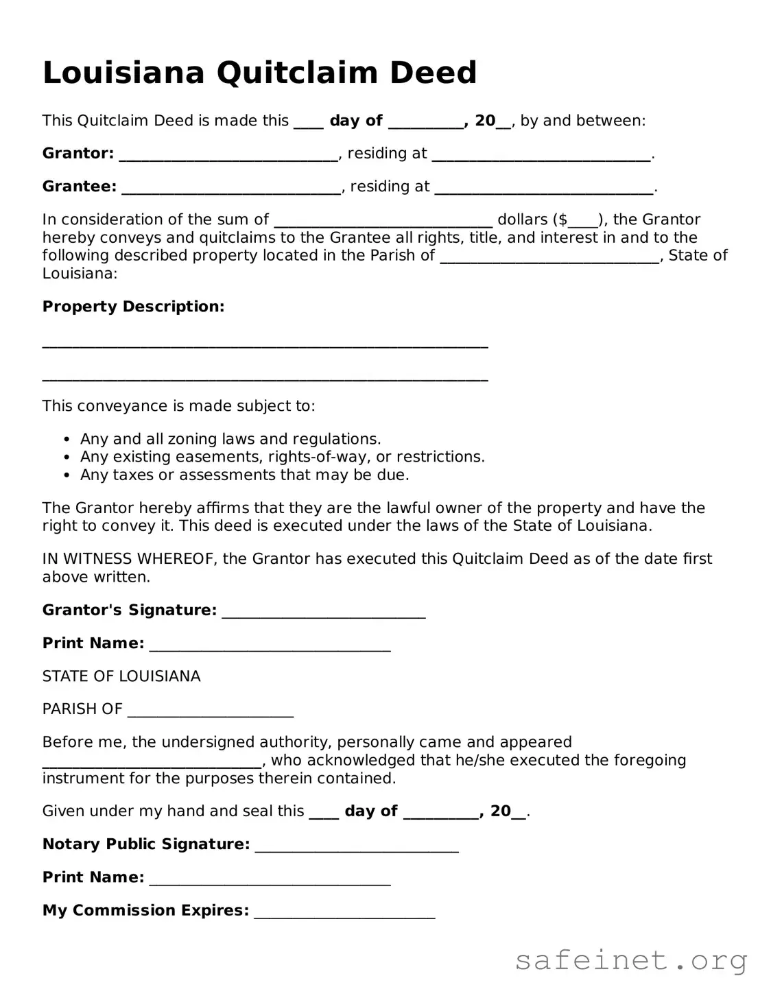 Valid Quitclaim Deed Template for the State of Louisiana