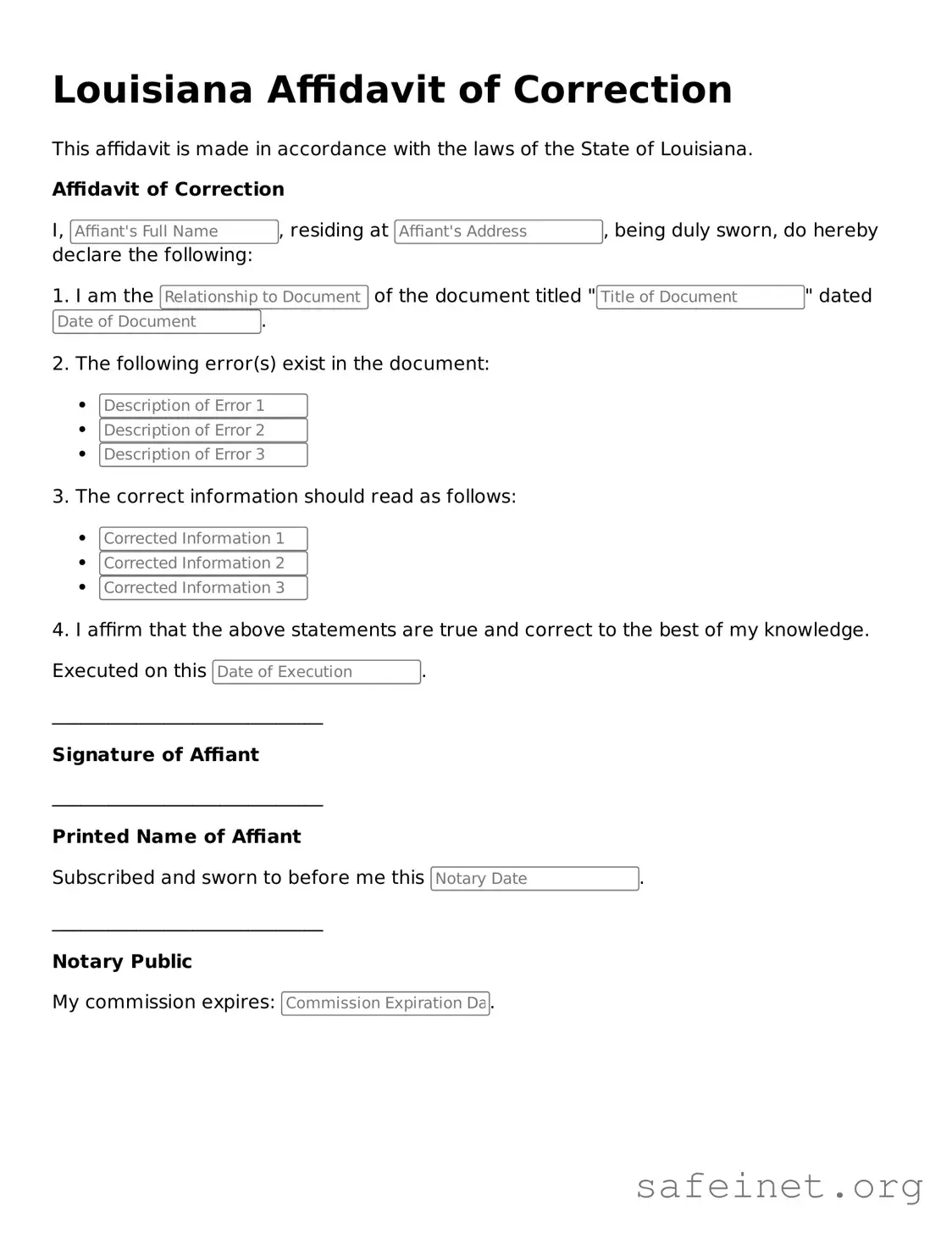 Valid Affidavit of Correction Template for the State of Louisiana