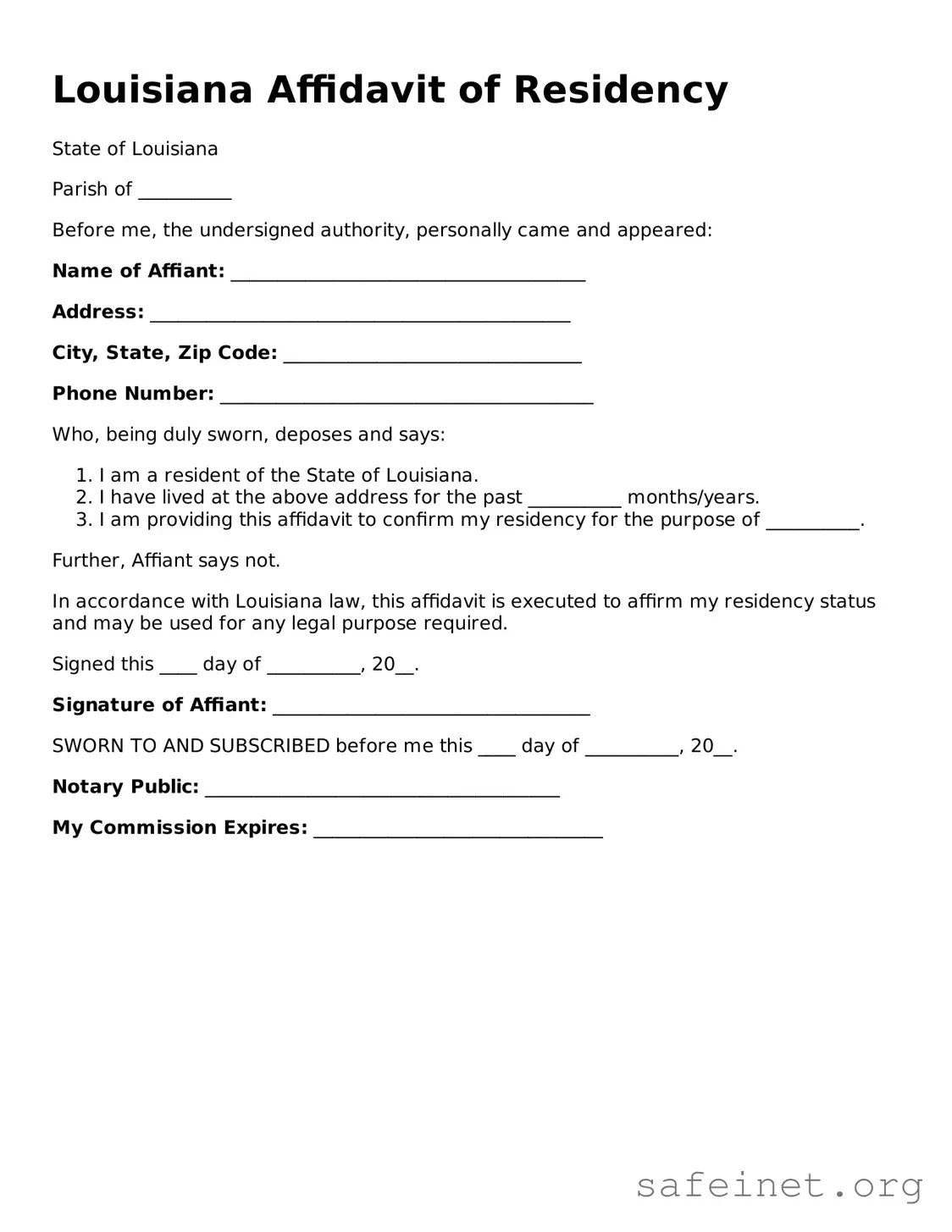 Valid Affidavit of Residency Template for the State of Louisiana