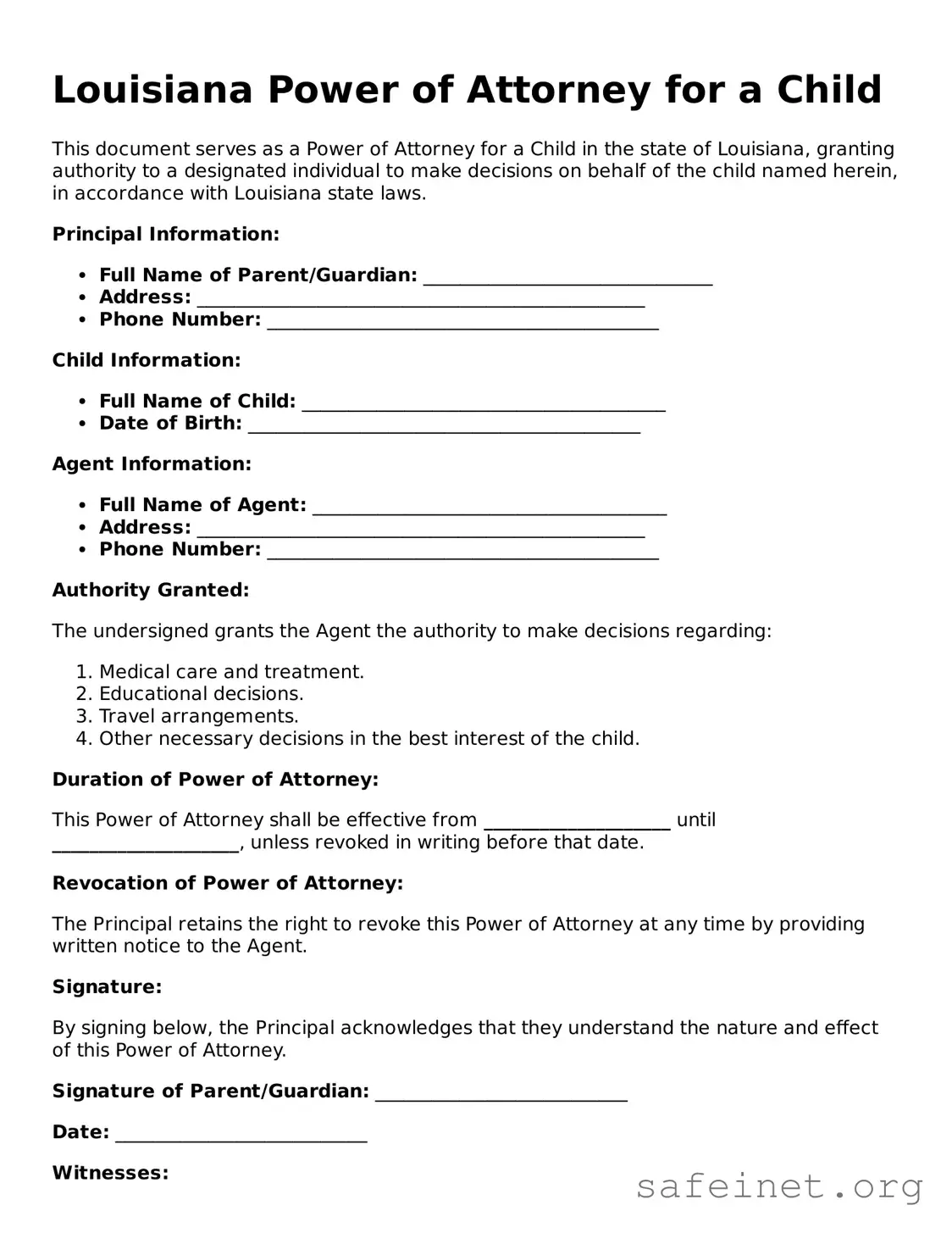 Valid Power of Attorney for a Child Template for the State of Louisiana
